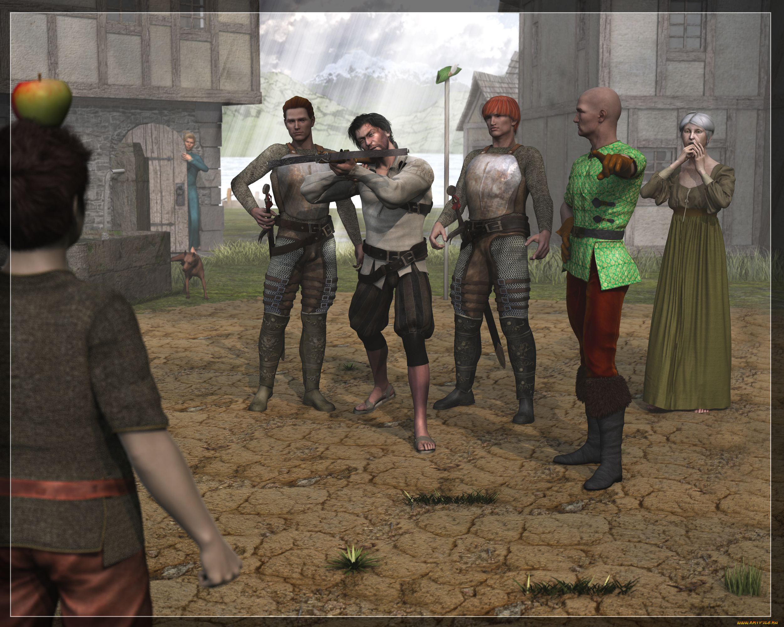 3д, графика, люди, , people, арбалет, девушка, мужчины, яблоко