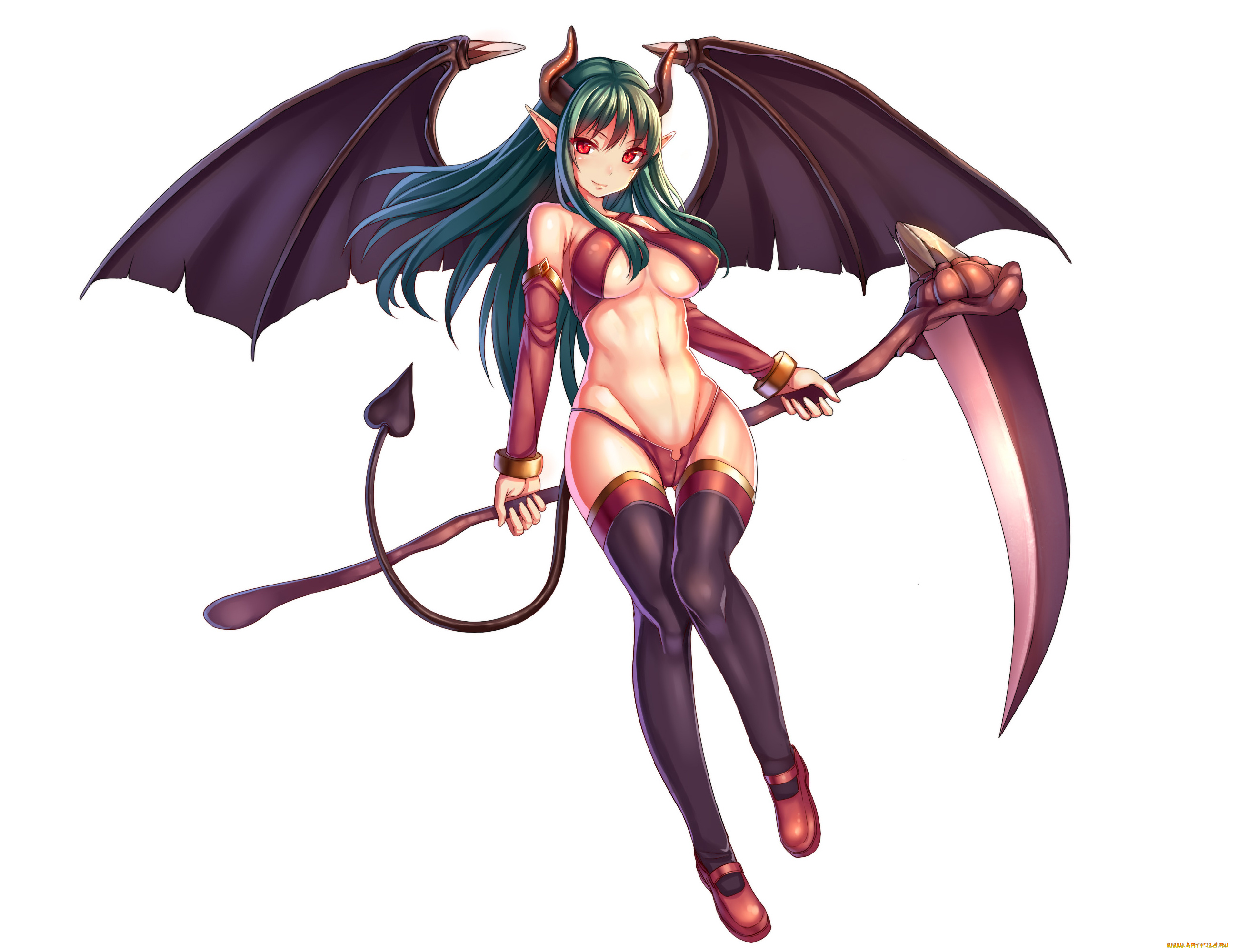 аниме, -angels, &, demons, рожки, белый, фон, девушка, коса, демон, крылья