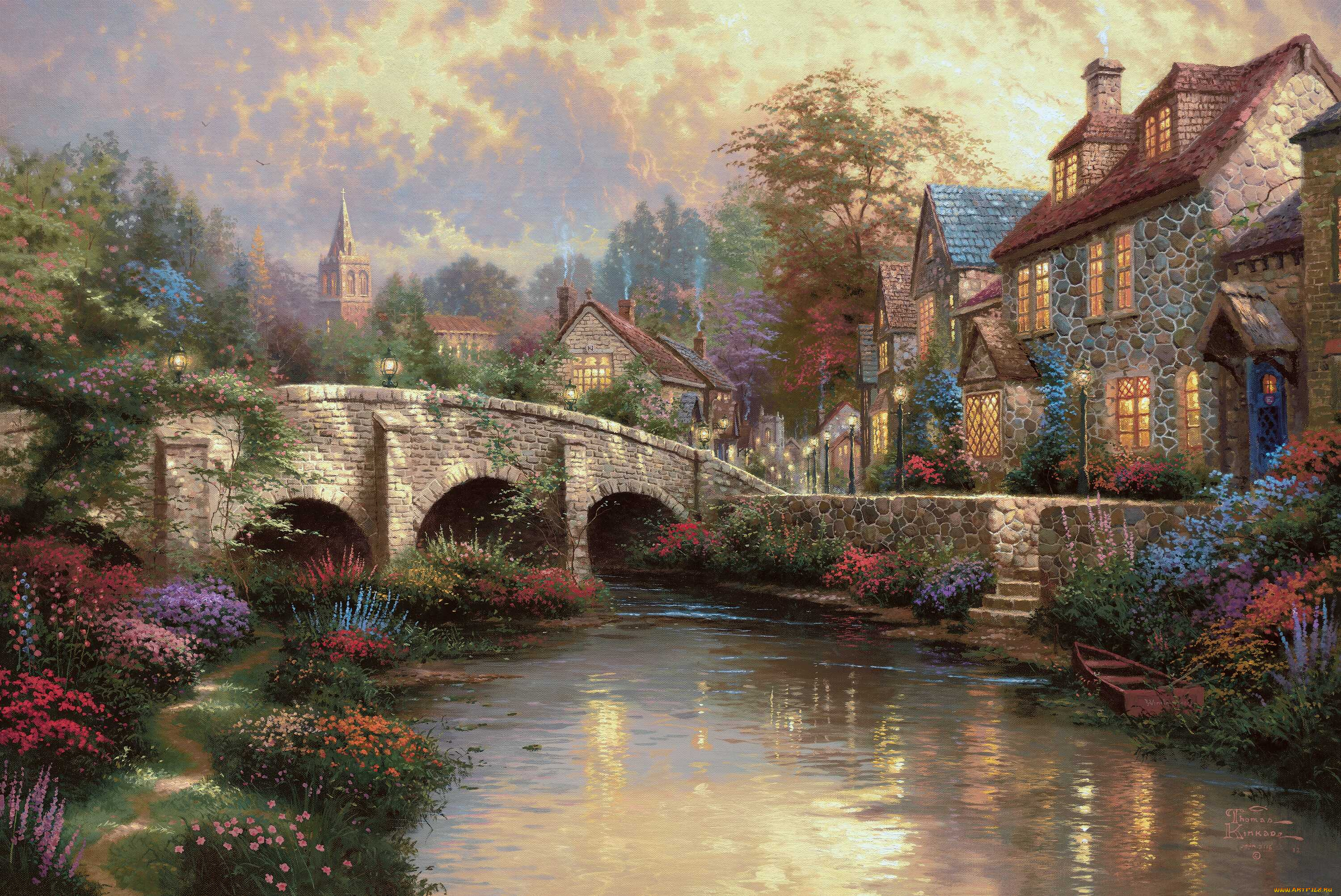 cobblestone, brooke, рисованные, thomas, kinkade, дом, река, лодка, мост