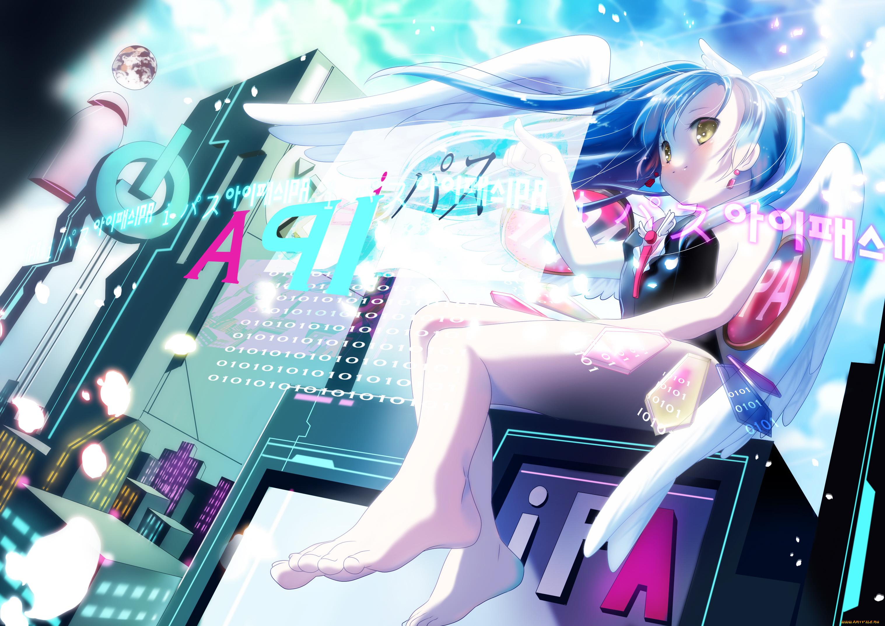 аниме, -angels, &, demons, буквы, крылья, технологии, девушка