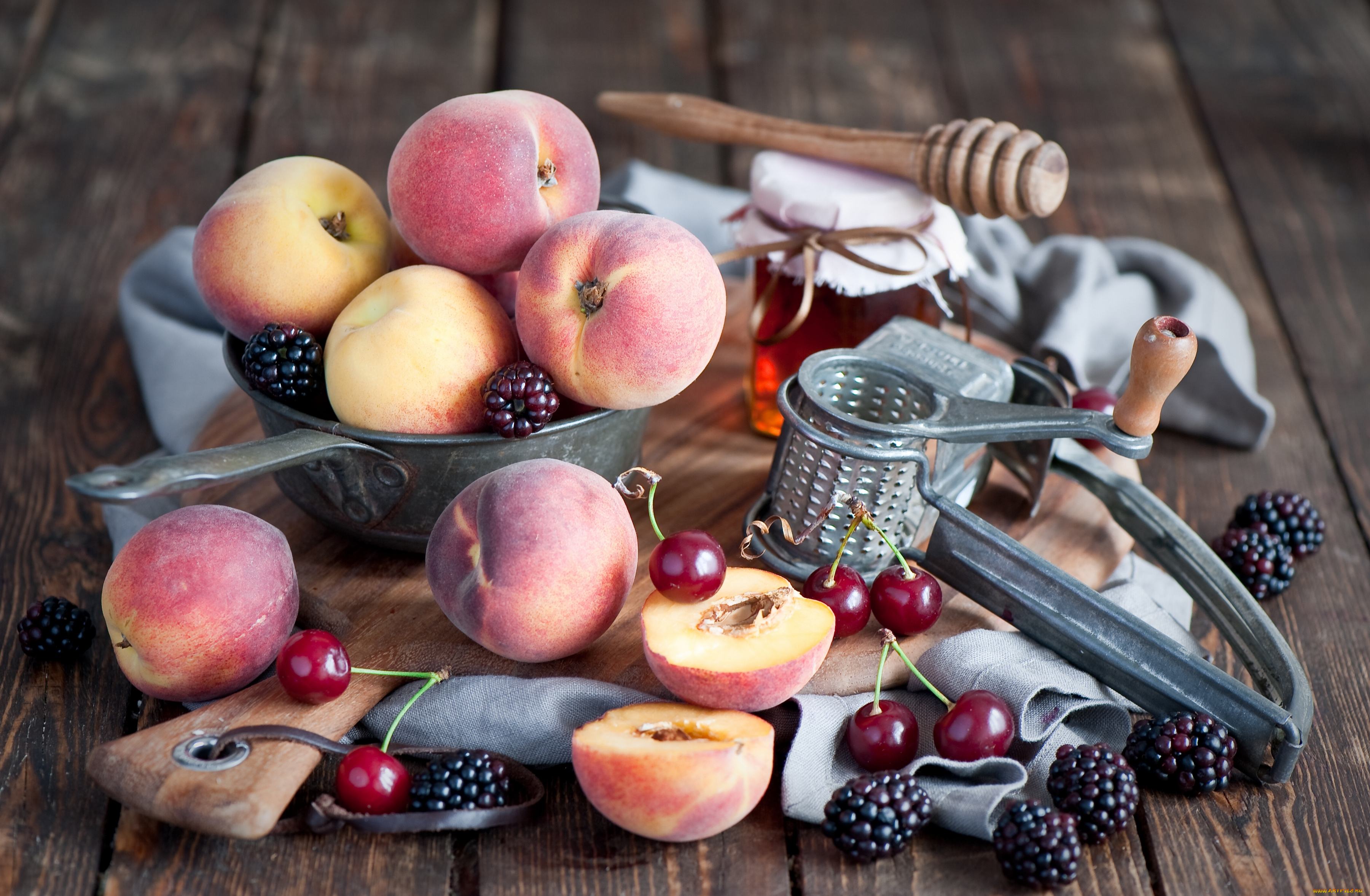 еда, фрукты, , ягоды, ежевика, вишня, персики, ягоды