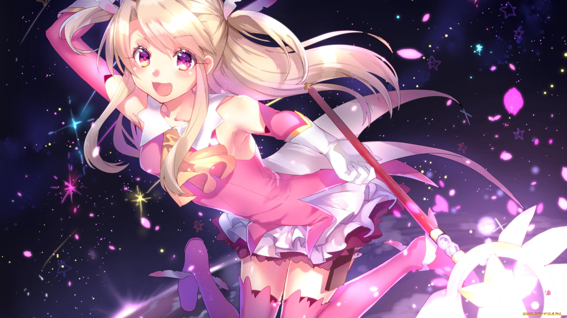 аниме, fate, stay, night, девушка, полет, посох, небо