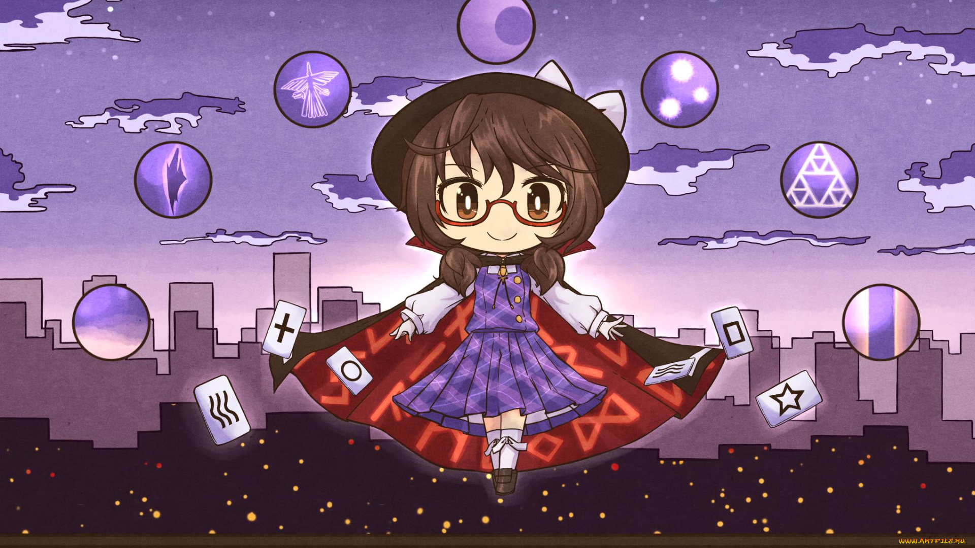 аниме, touhou, девочка, улыбка, шляпа, очки, ночь, город