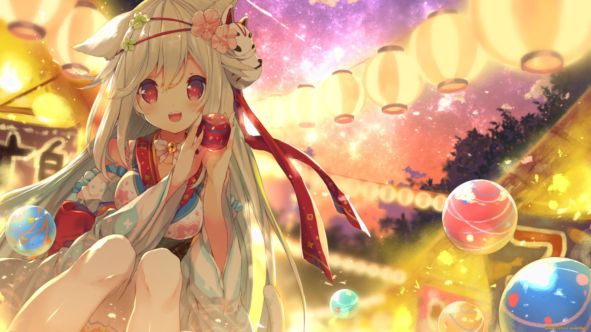 аниме, животные, , существа, девушка, шарики, фонари