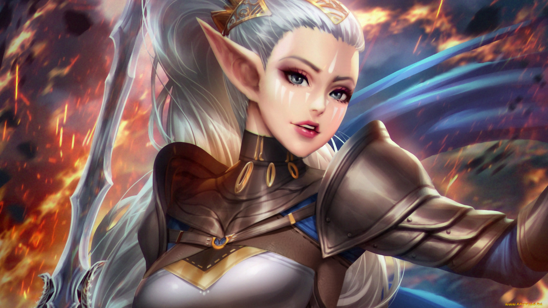 фэнтези, эльфы, эльф, уши, грудь, девушка, меч, волосы, воин, красота, adalia