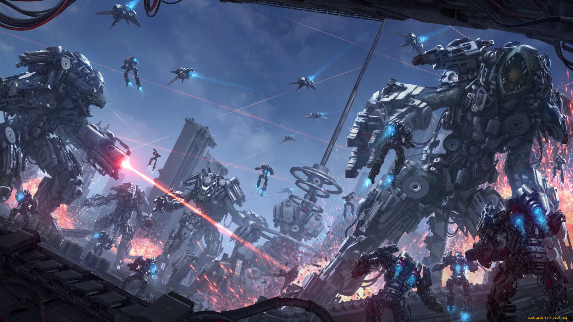 фэнтези, роботы, , киборги, , механизмы, фантастика, война, башня, арт, разрушение, лазер, sci-fi