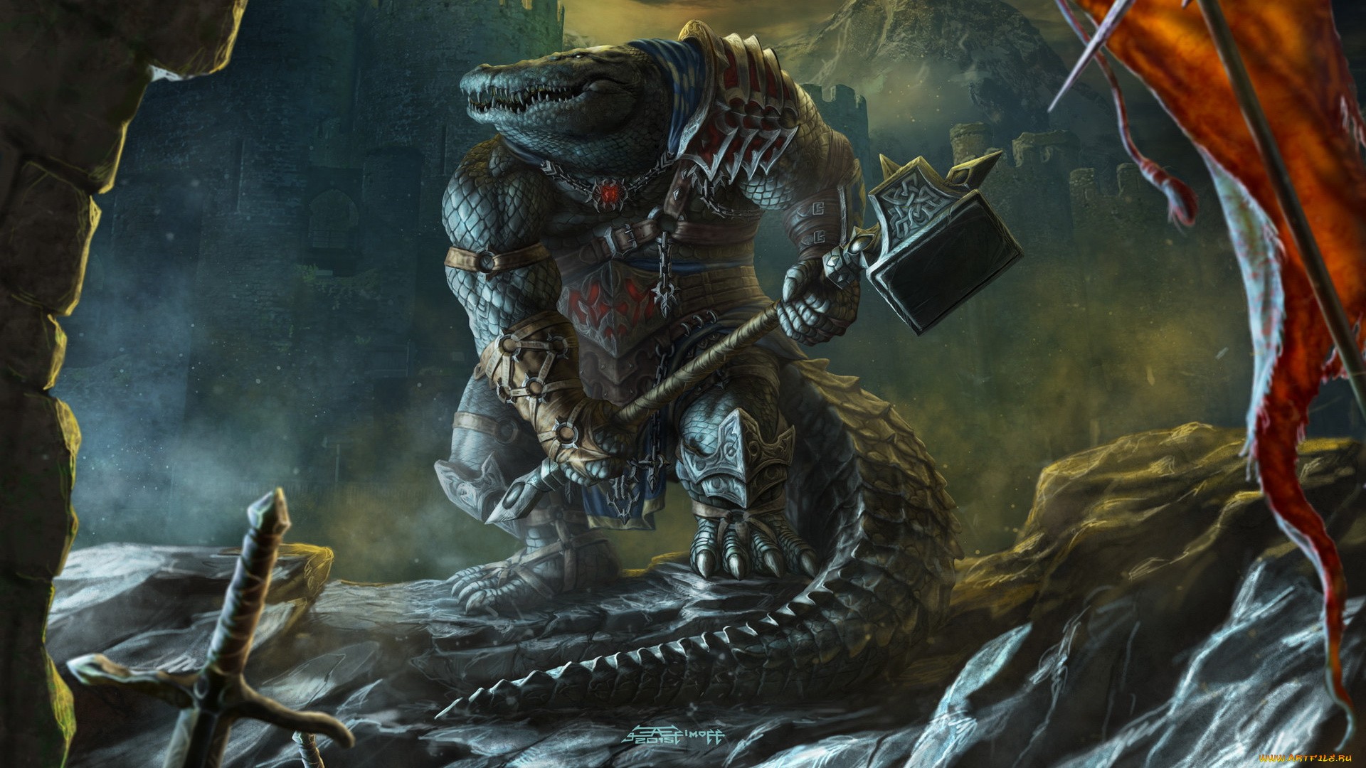 фэнтези, существа, существо, молот, воин, крокодил