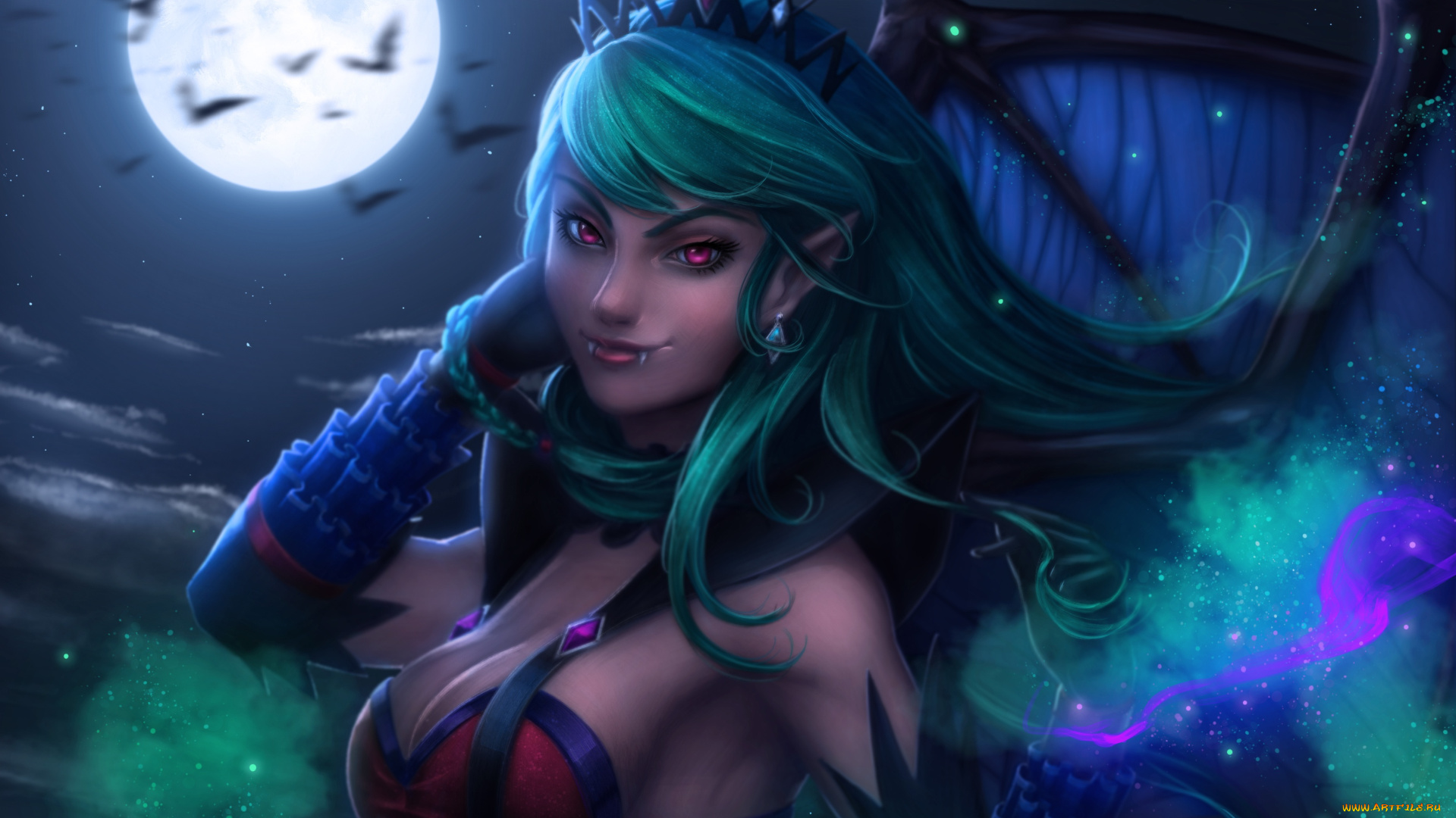 фэнтези, вампиры, красота, крылья, evelyn, волосы, луна, ночь, девушка, платье, вампир, полнолуние, арт