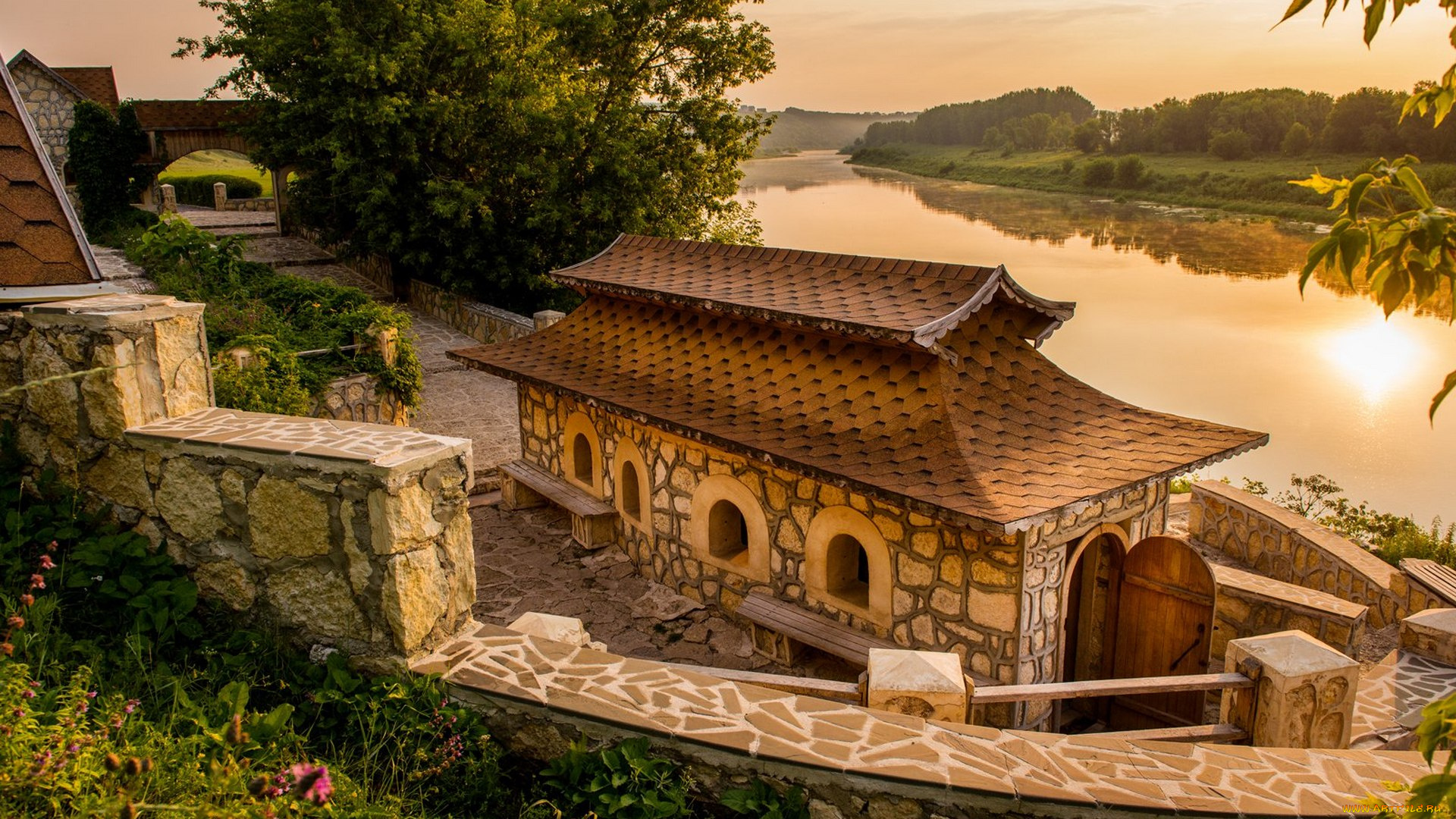 города, -, здания, , дома, закат, каменный, дом, река