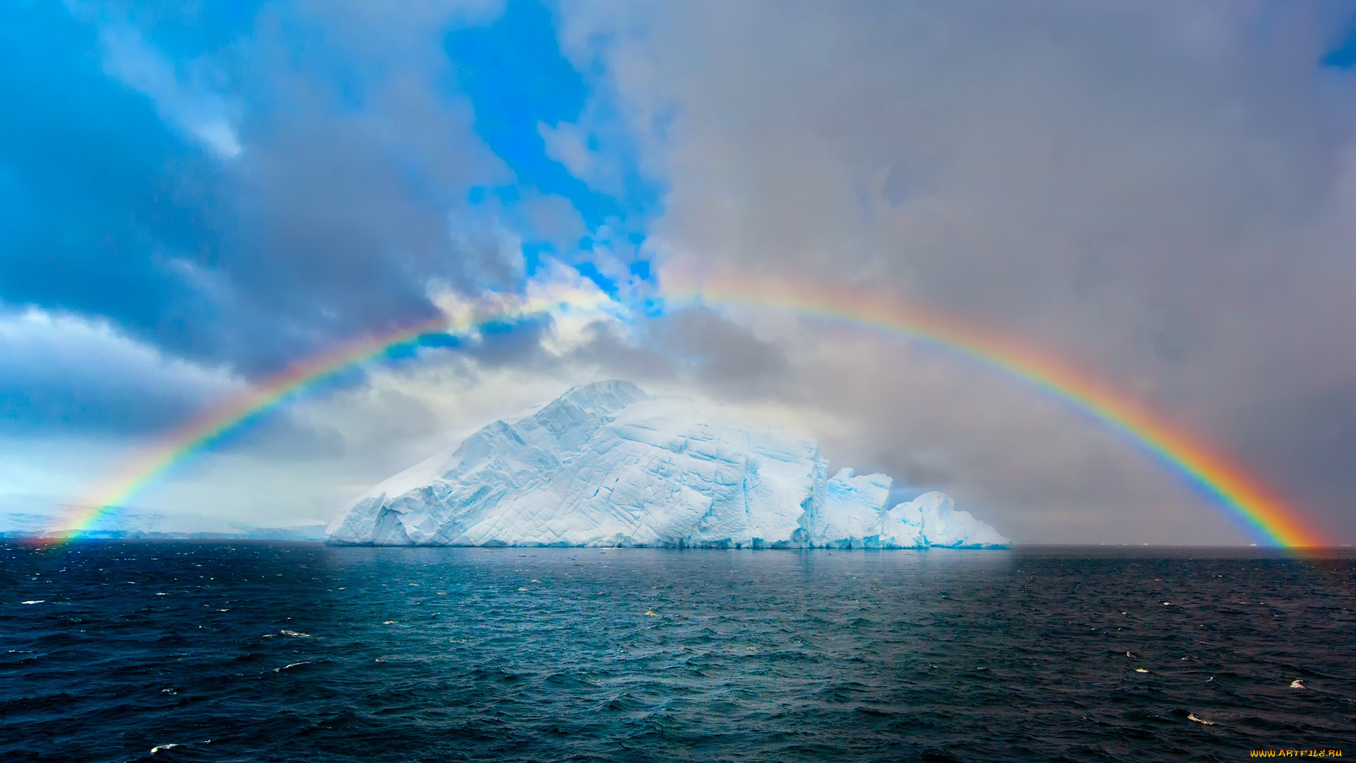 природа, радуга, ледник, лёд, небо, облака, океан, море, арктика, айсберг