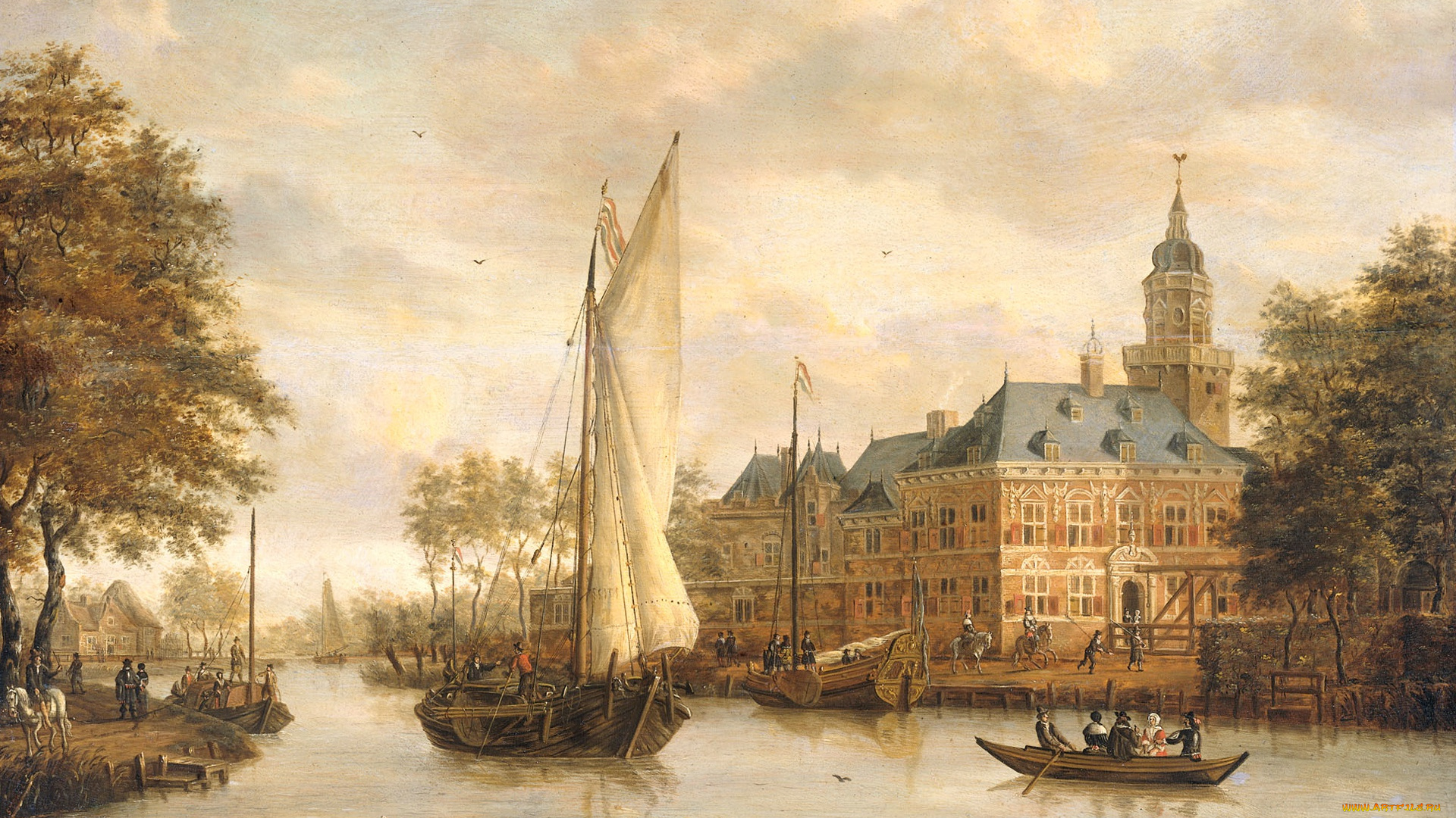 рисованное, живопись, парус, пейзаж, масло, дерево, лодка, картина, замок, ниенроде, на, реке, вехт, в, брёкелене, Якобус, сторк