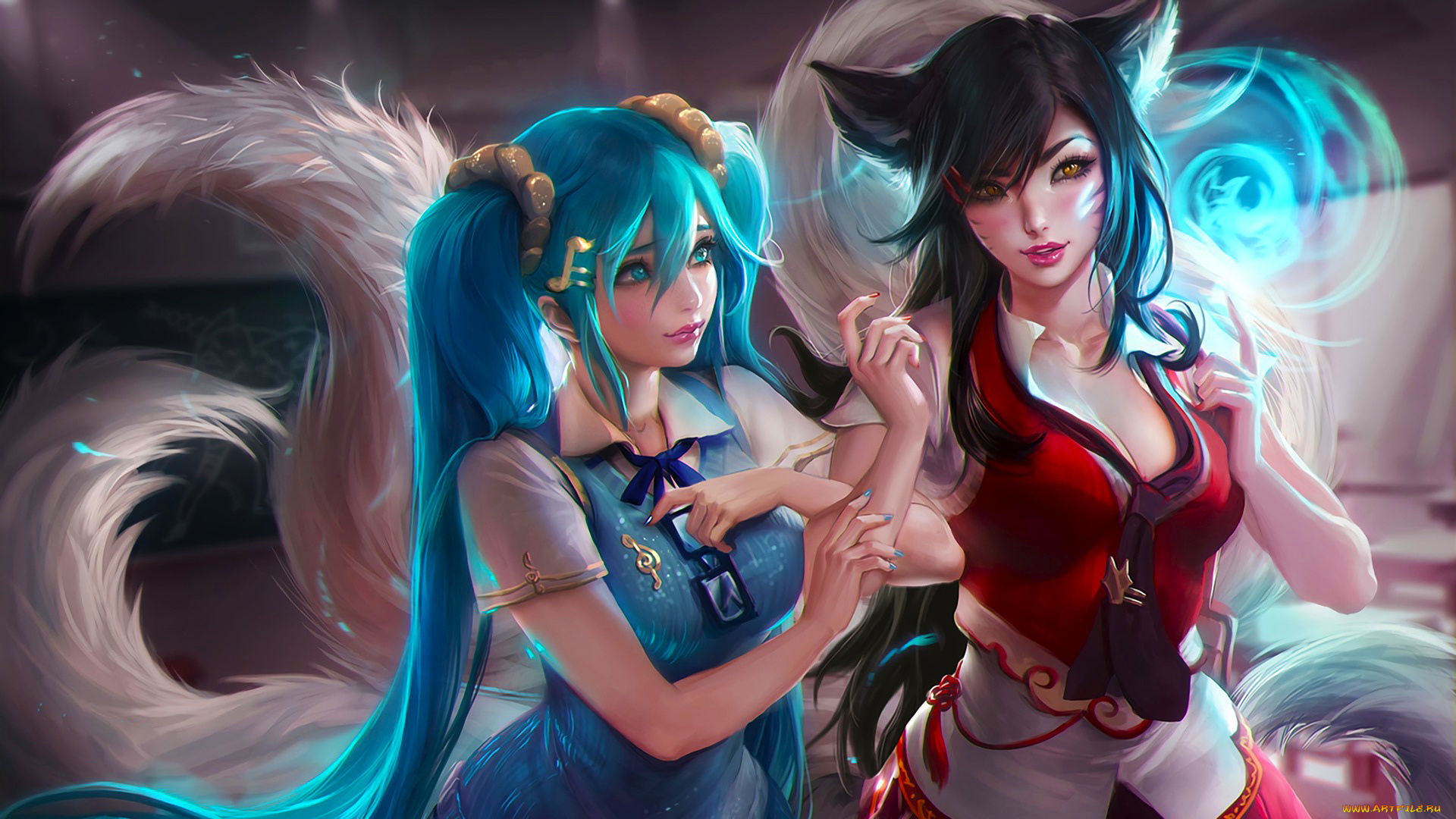 видео, игры, league, of, legends, фон, взгляд, девушки, ahri, sona