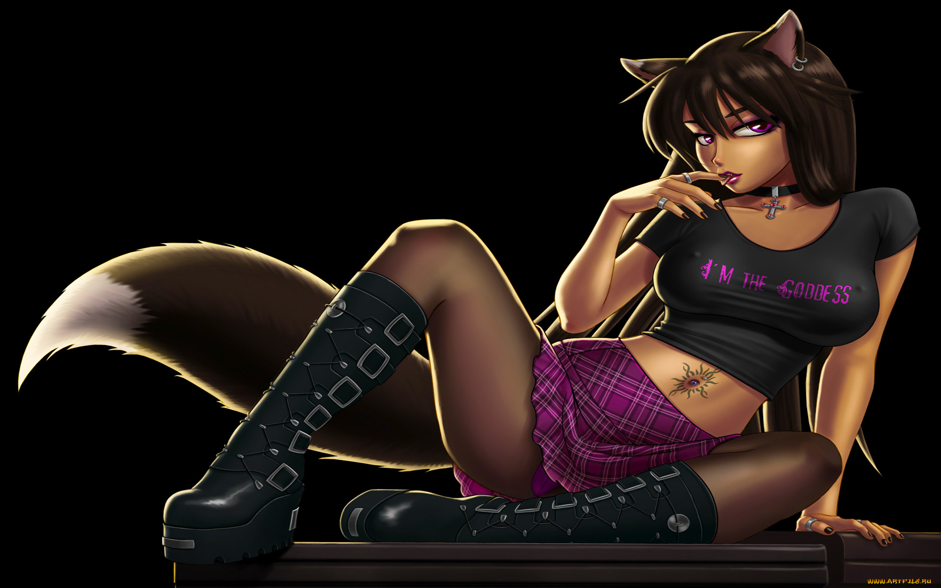 разное, арты, ушки, хвостик, фон, взгляд, девушка