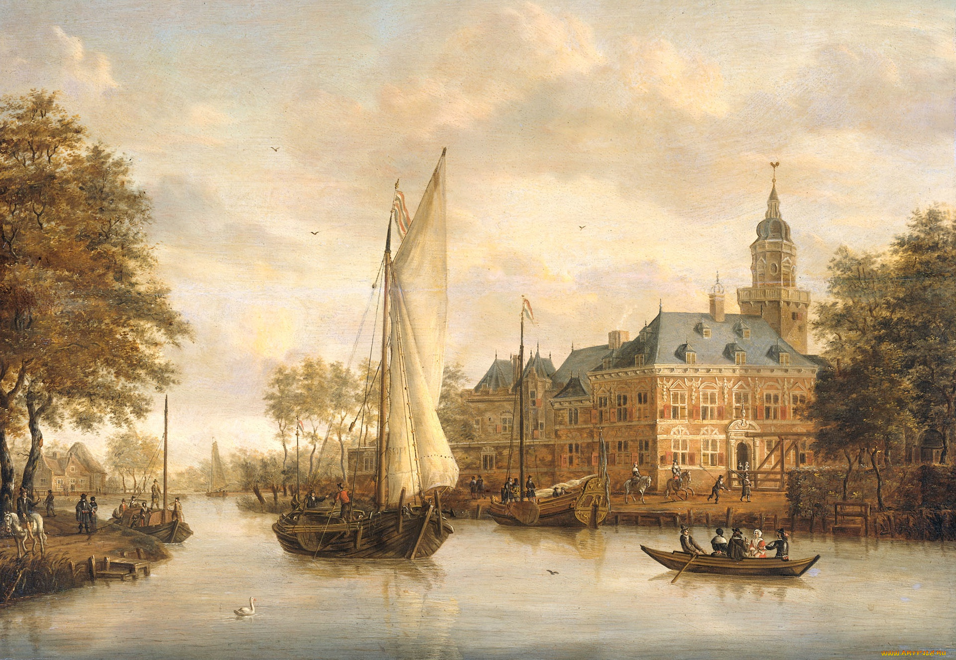 рисованное, живопись, парус, пейзаж, масло, дерево, лодка, картина, замок, ниенроде, на, реке, вехт, в, брёкелене, Якобус, сторк