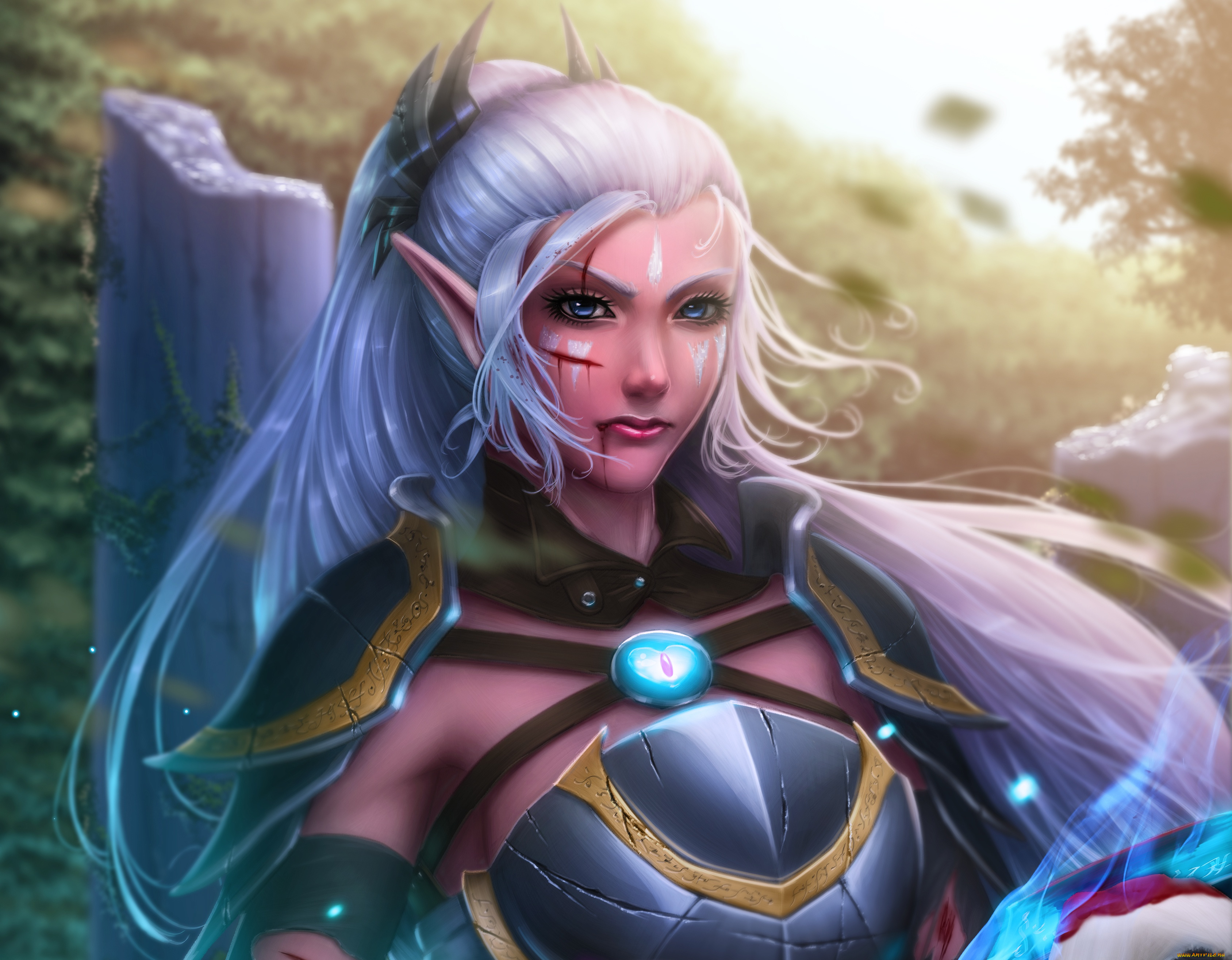 фэнтези, эльфы, взгляд, девушка, кровь, волосы, эльф, аниме, арт, adalia