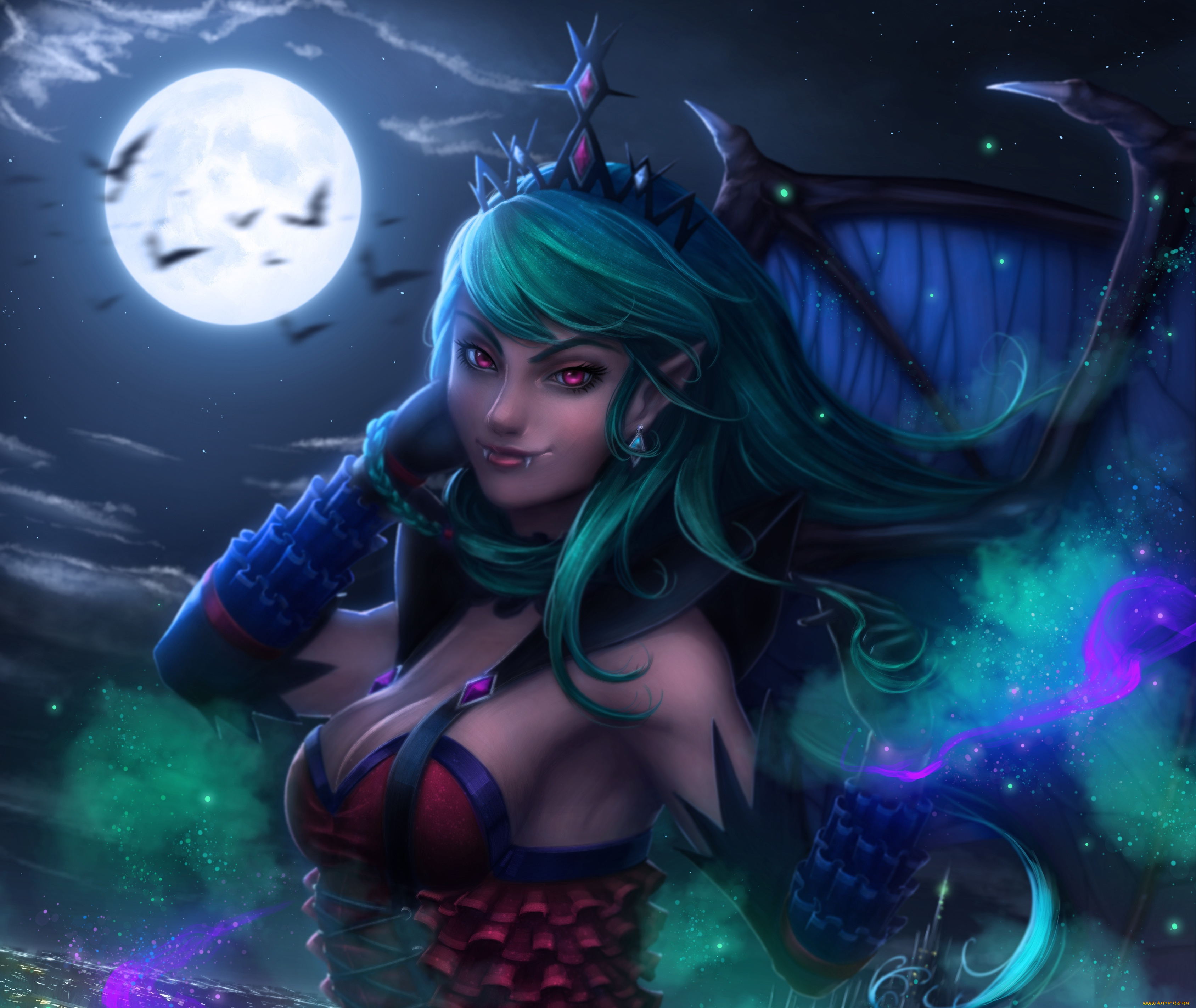 фэнтези, вампиры, красота, крылья, evelyn, волосы, луна, ночь, девушка, платье, вампир, полнолуние, арт