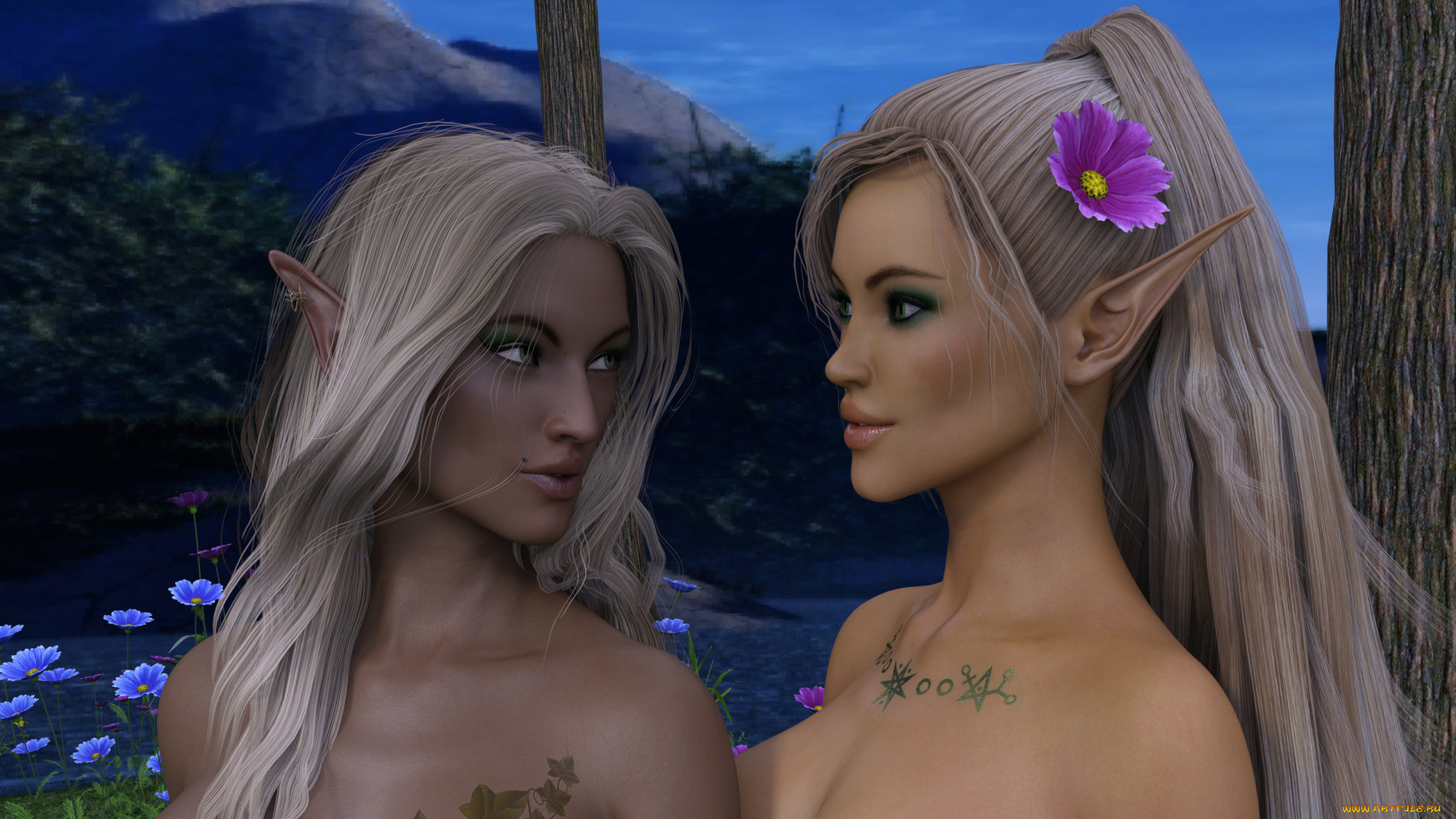 3д, графика, эльфы, , elves, фон, взгляд, эльфийки