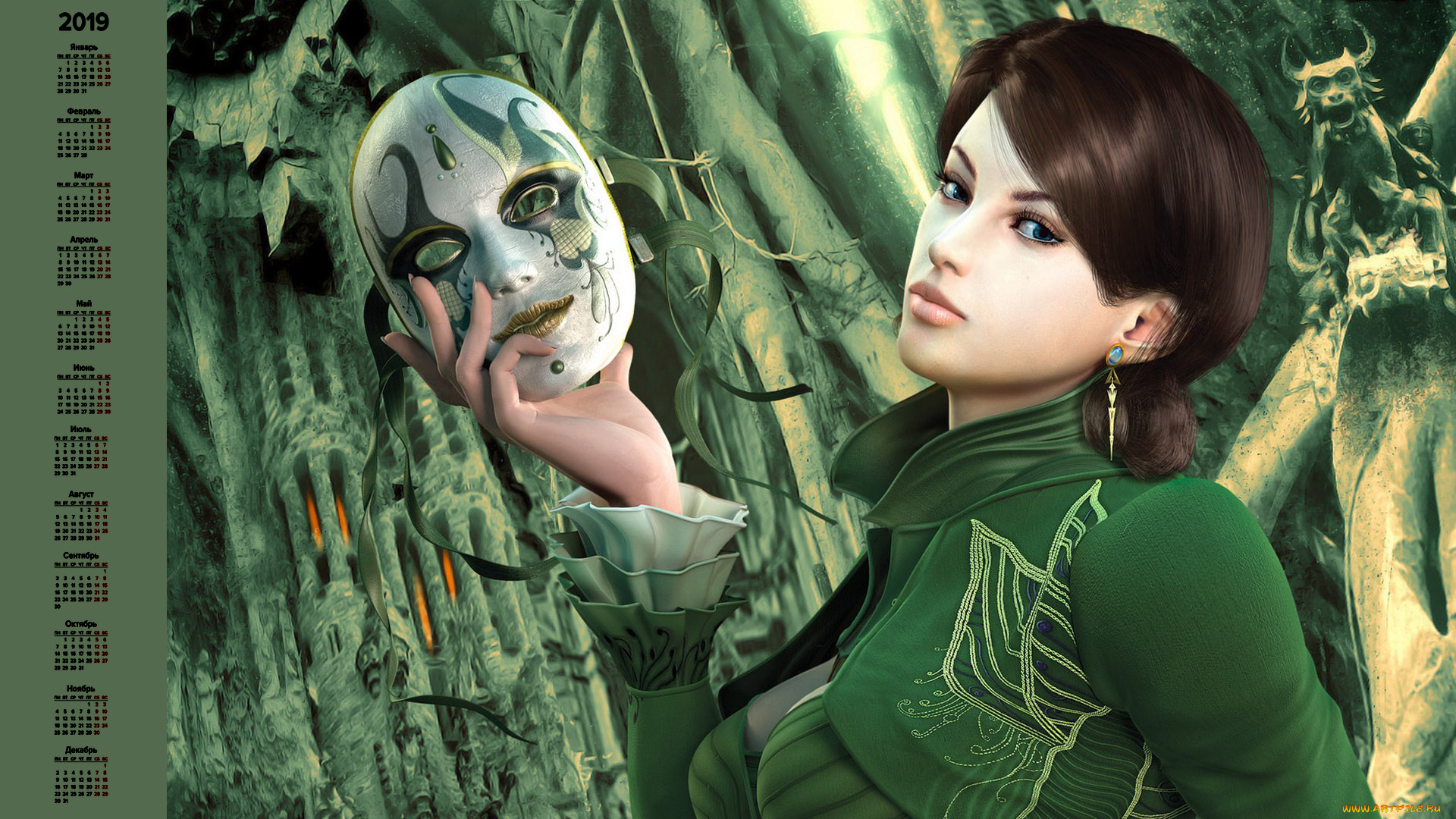 календари, 3д-графика, девушка, маска, взгляд