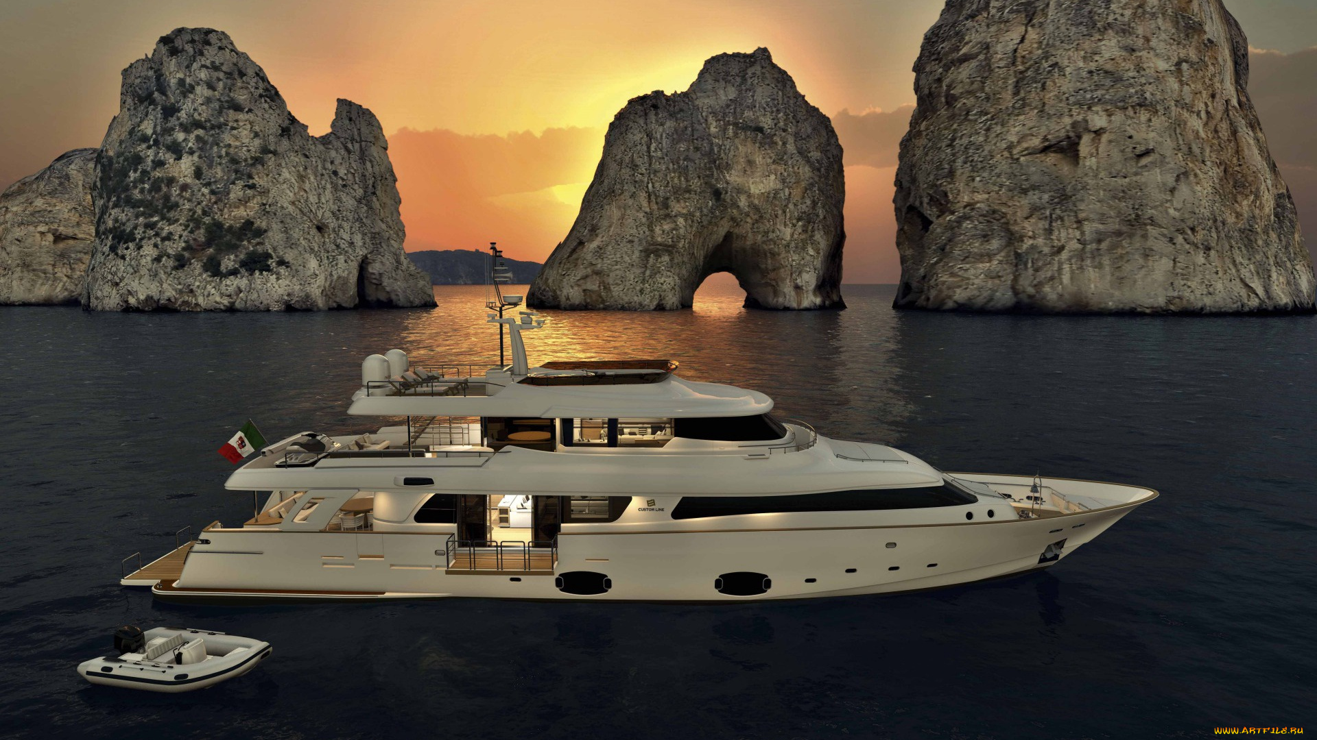 корабли, Яхты, закат, яхта, скалы