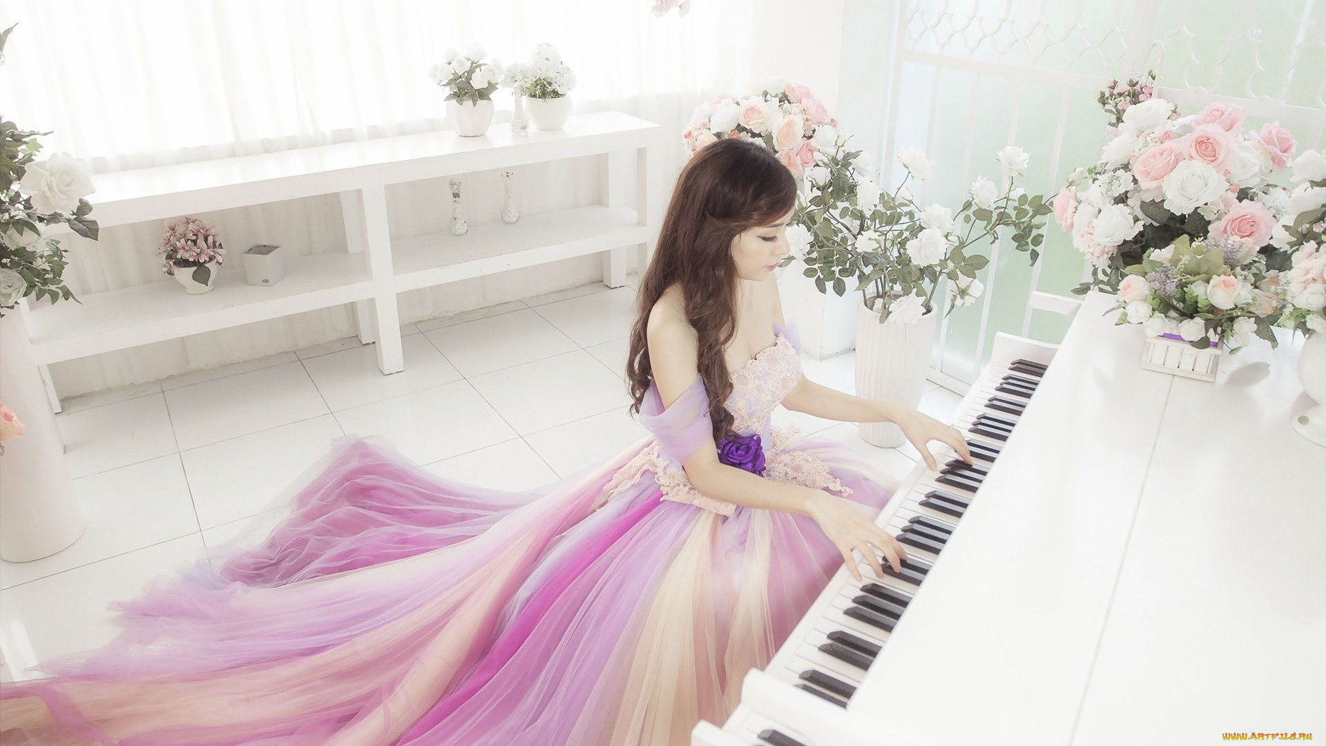 музыка, -другое, цветы, пианино, девушка