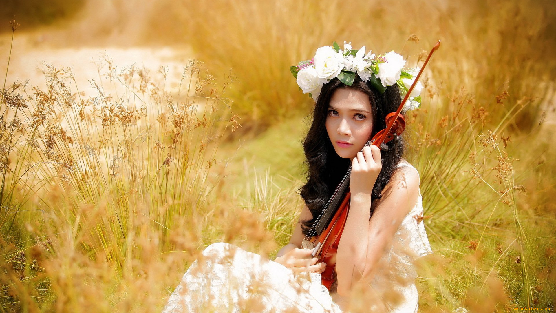 музыка, -другое, девушка, взгляд, скрипка, венок, природа