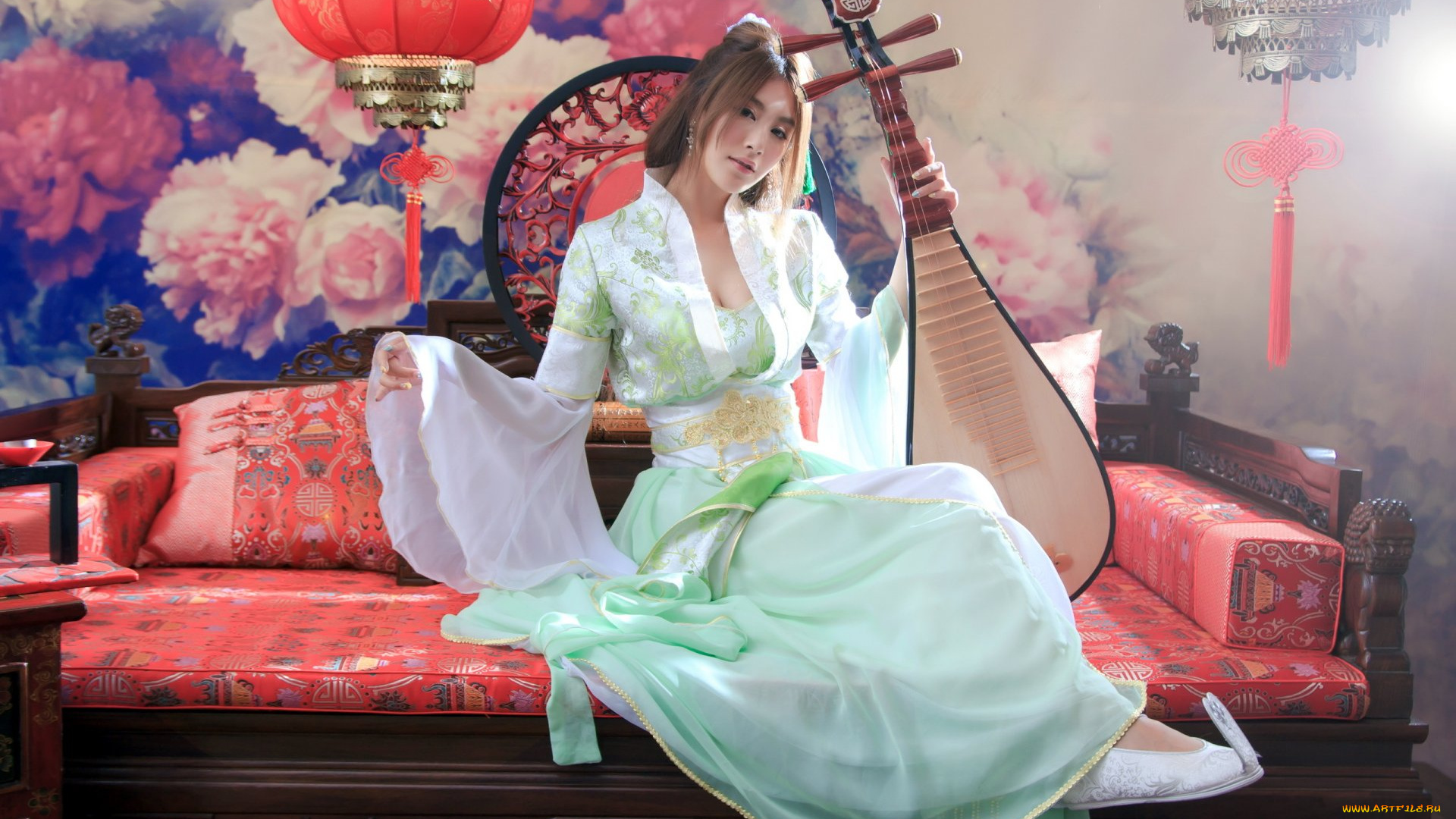 музыка, -другое, инструмент, азиатка, взгляд, девушка, мебель