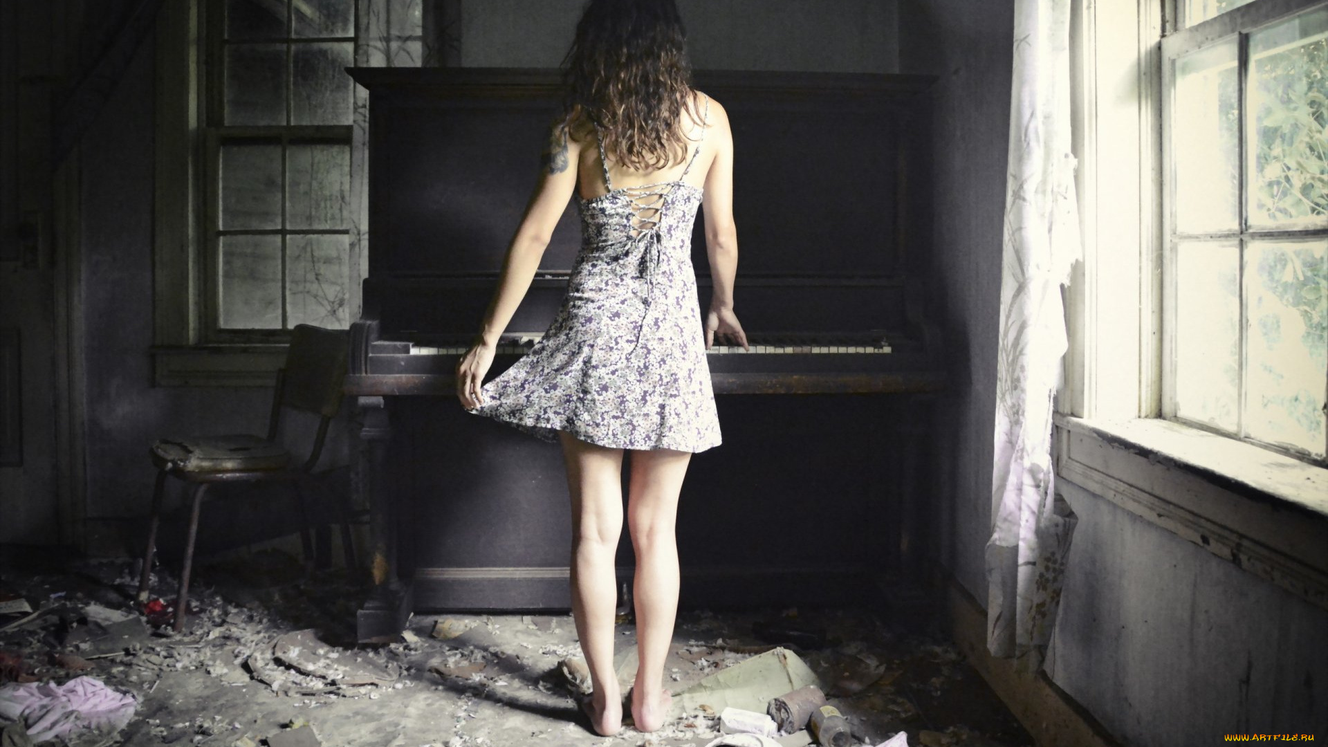 музыка, -другое, комната, окно, пианино, девушка