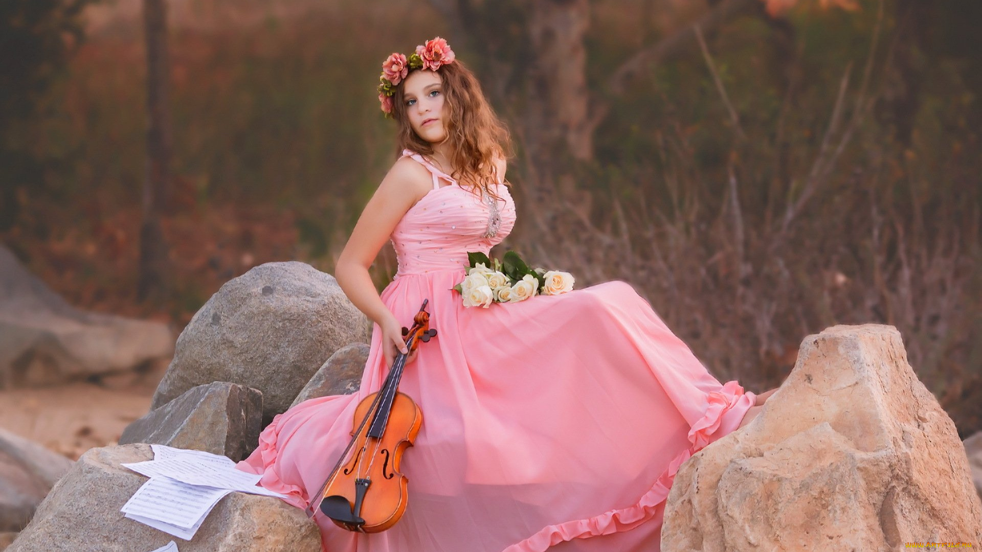музыка, -другое, скрипка, взгляд, девушка, венок, камень