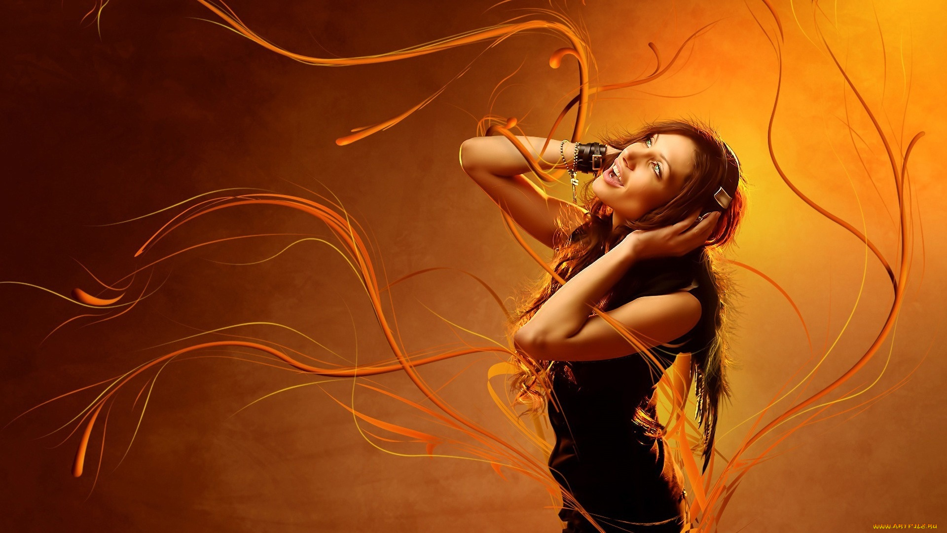 музыка, -другое, взгляд, девушка, эмоции, наушники, узор