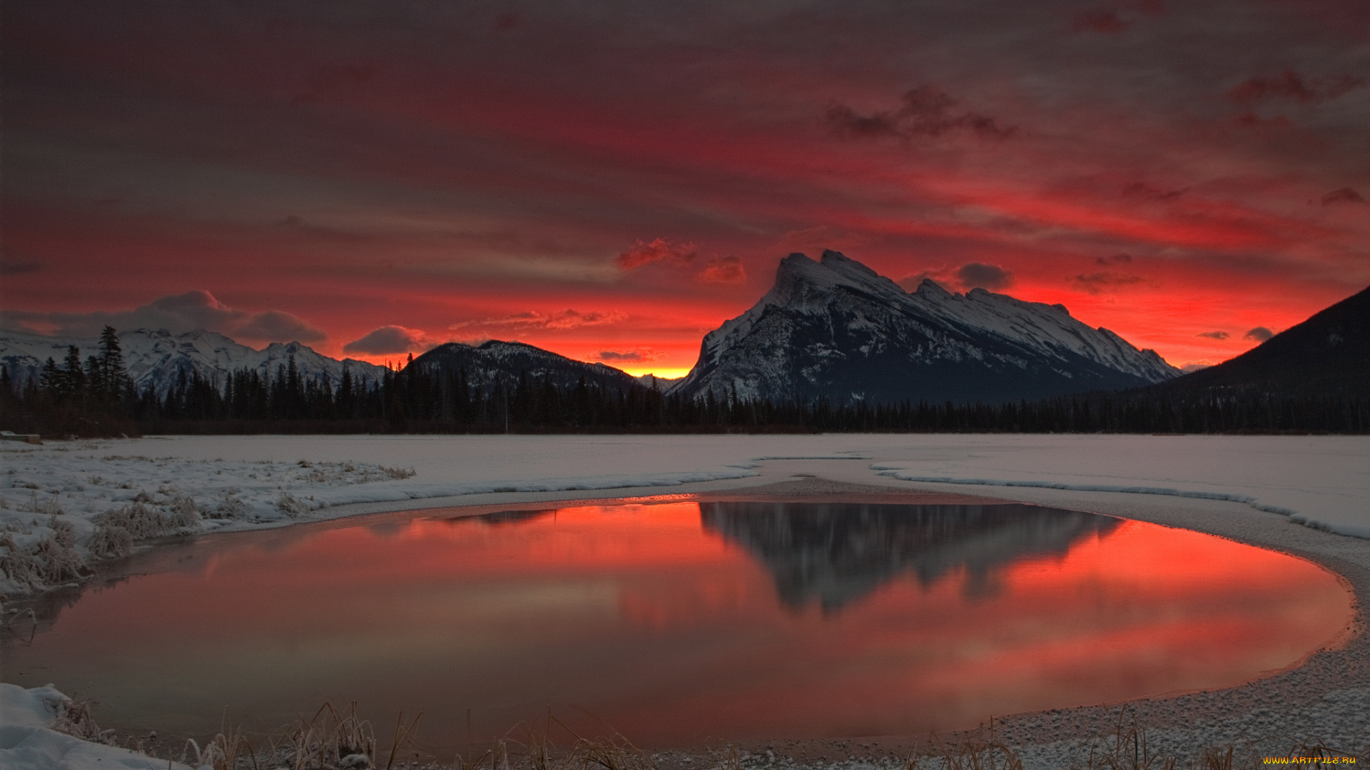 природа, реки, озера, снег, озеро, горы, облака, небо, рассвет, деревья