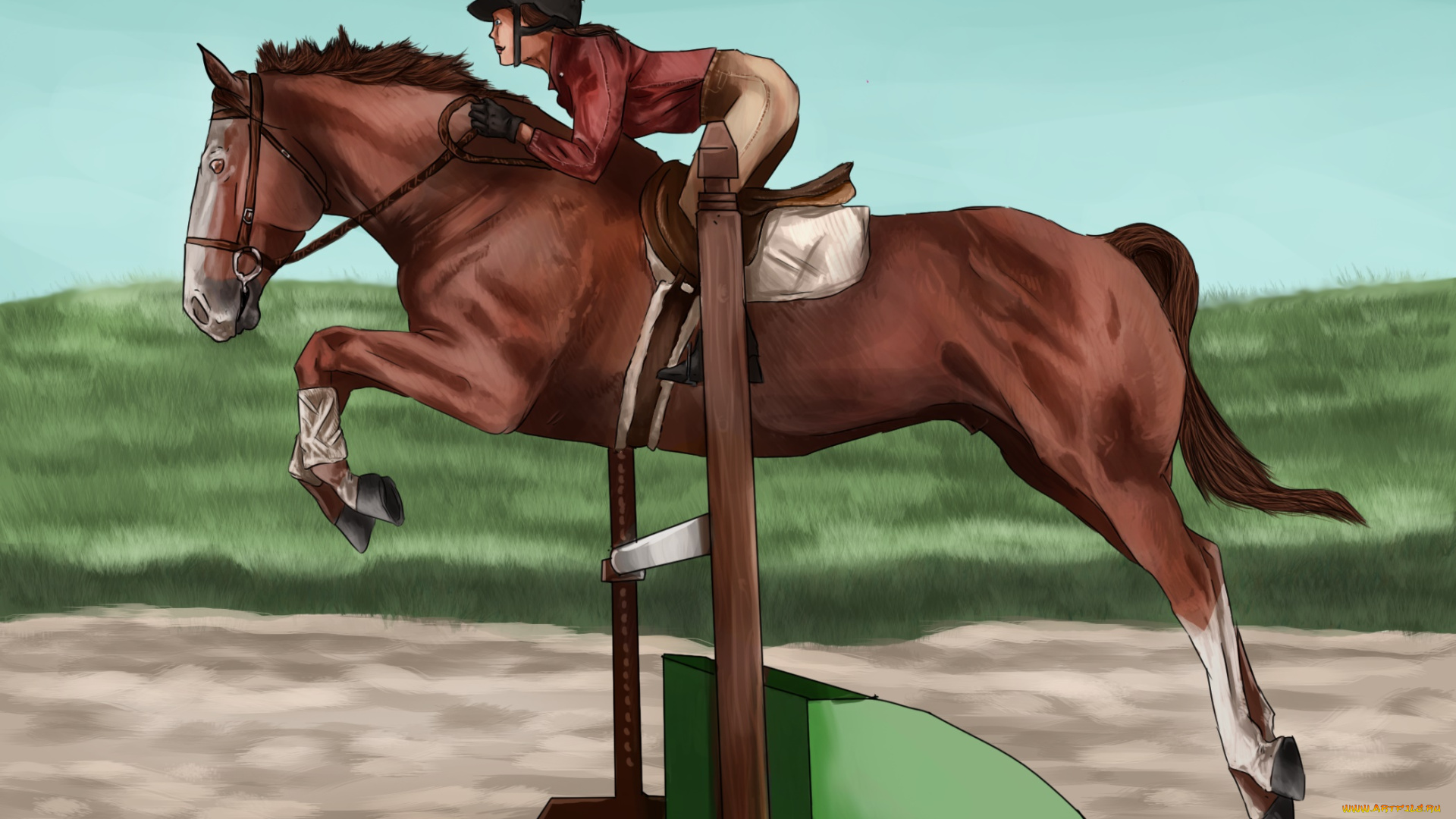 спорт, 3d, рисованные, лошадь, фон, всадник