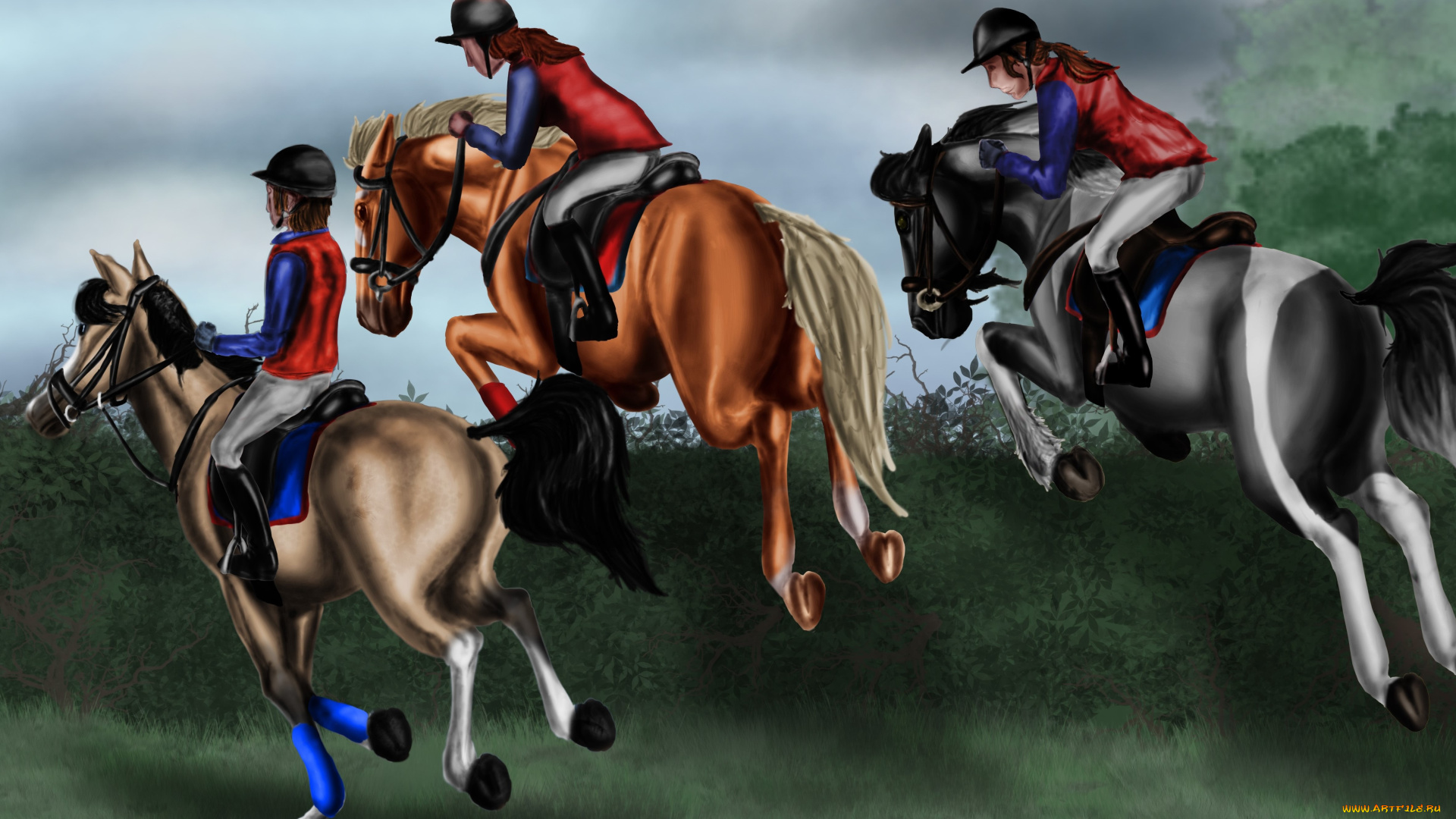 спорт, 3d, рисованные, лошадь, фон, всадники