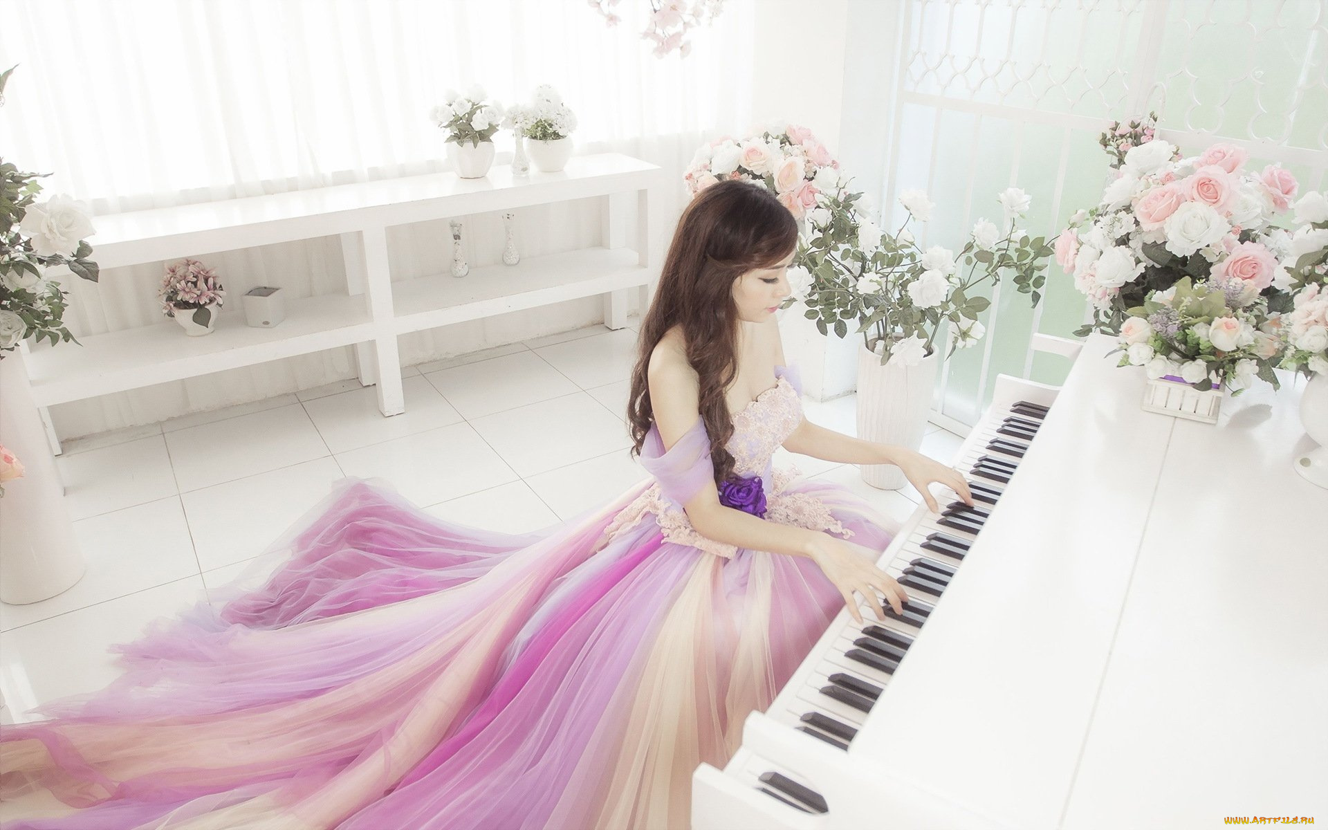 музыка, -другое, цветы, пианино, девушка