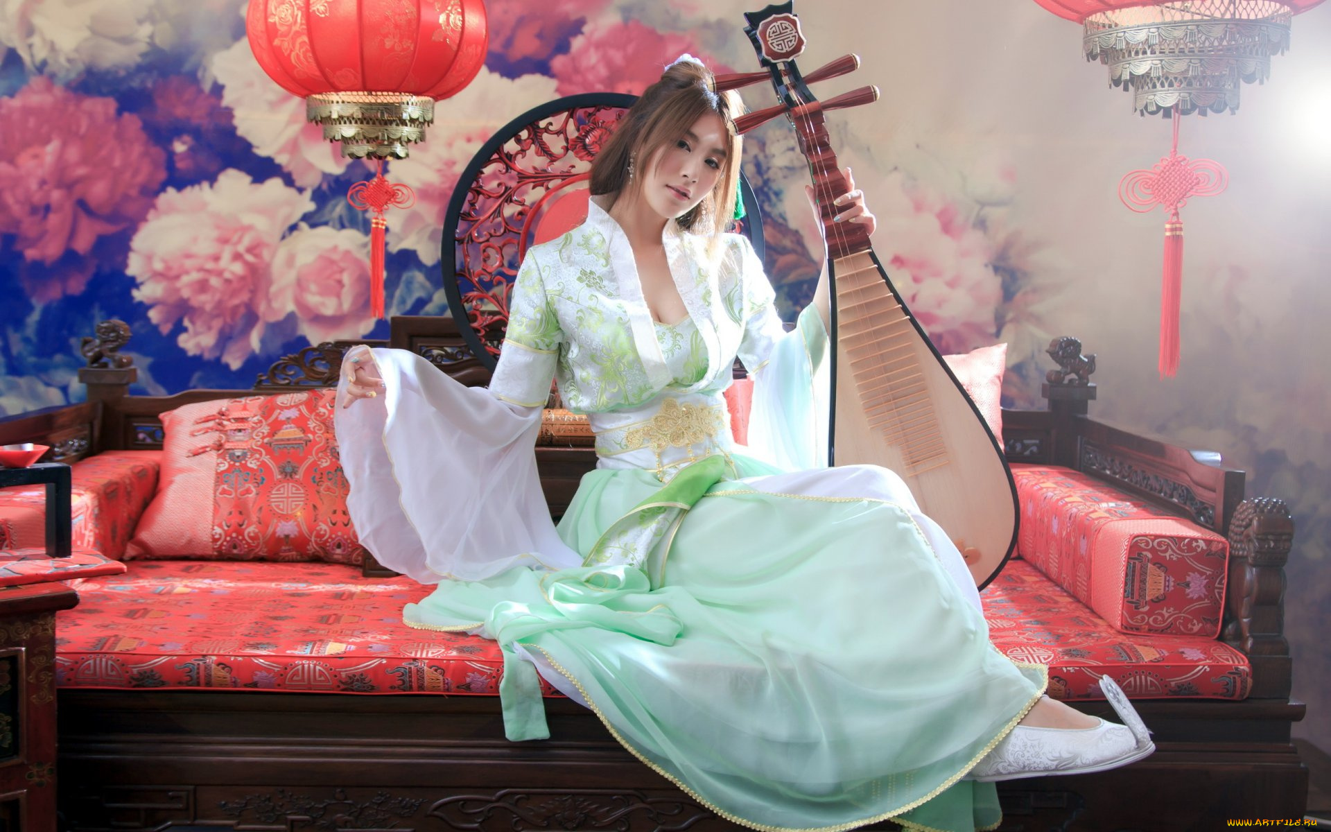 музыка, -другое, инструмент, азиатка, взгляд, девушка, мебель