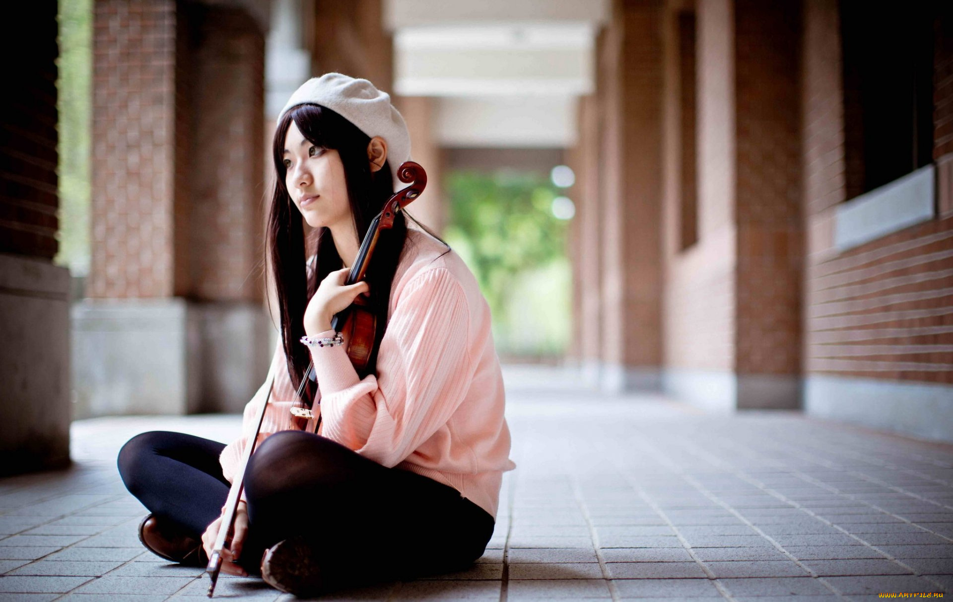 музыка, -другое, скрипка, взгляд, девушка, берет