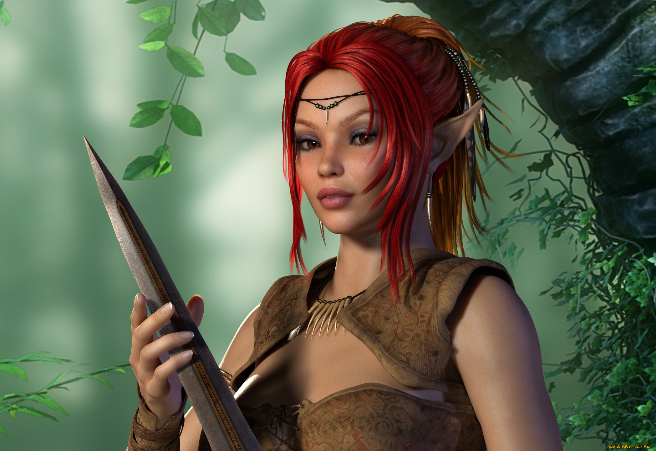 3д, графика, эльфы, , elves, взгляд, фон, эльфийка