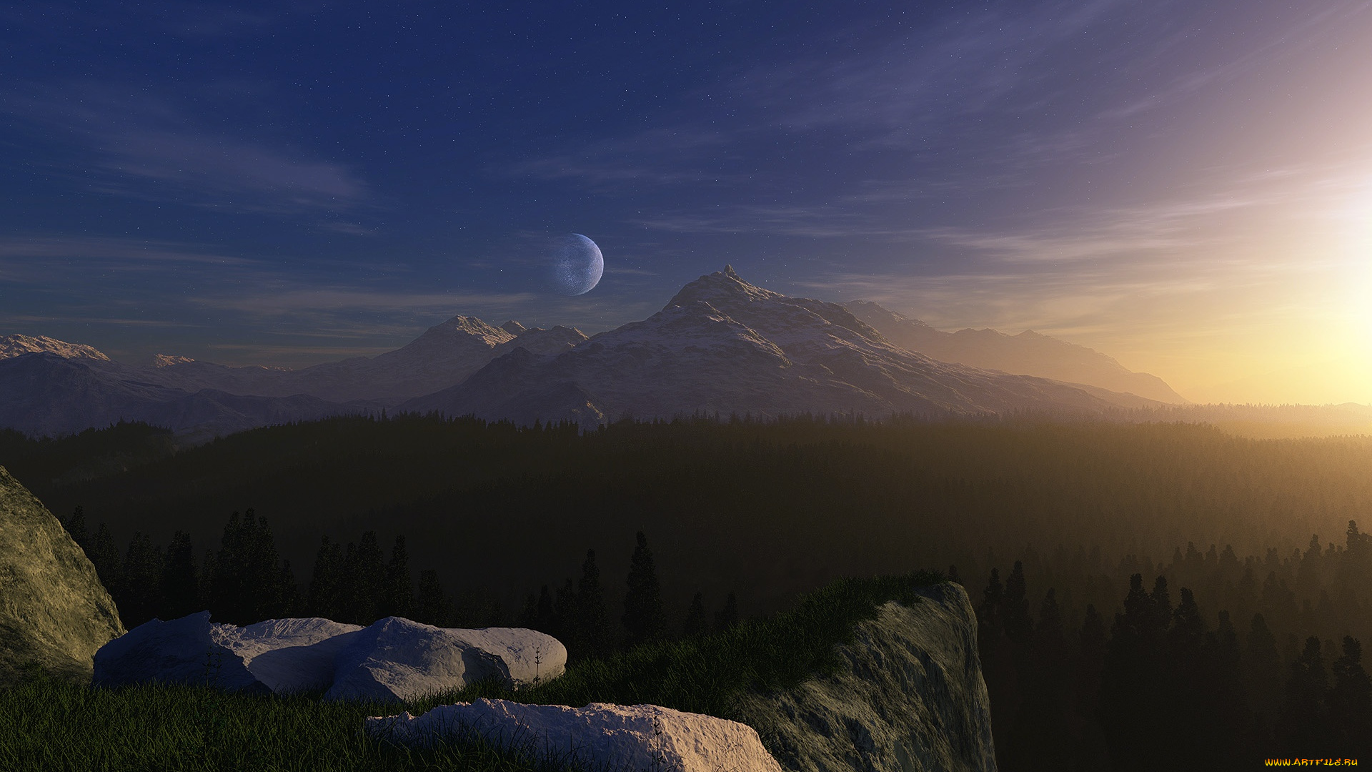 3д, графика, природа, , nature, луна, горы, лес
