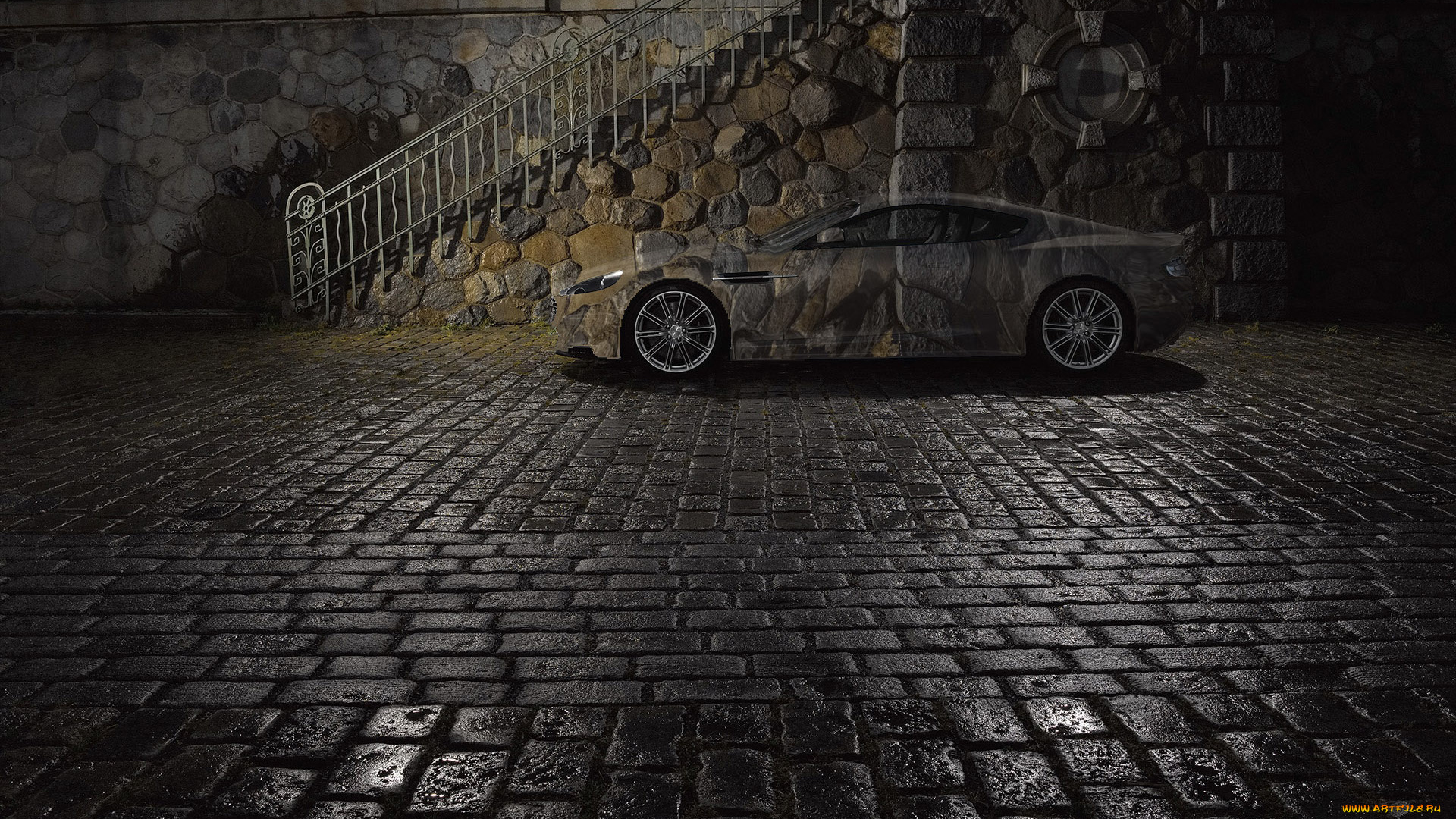 автомобили, 3д, машина, двор, лестница