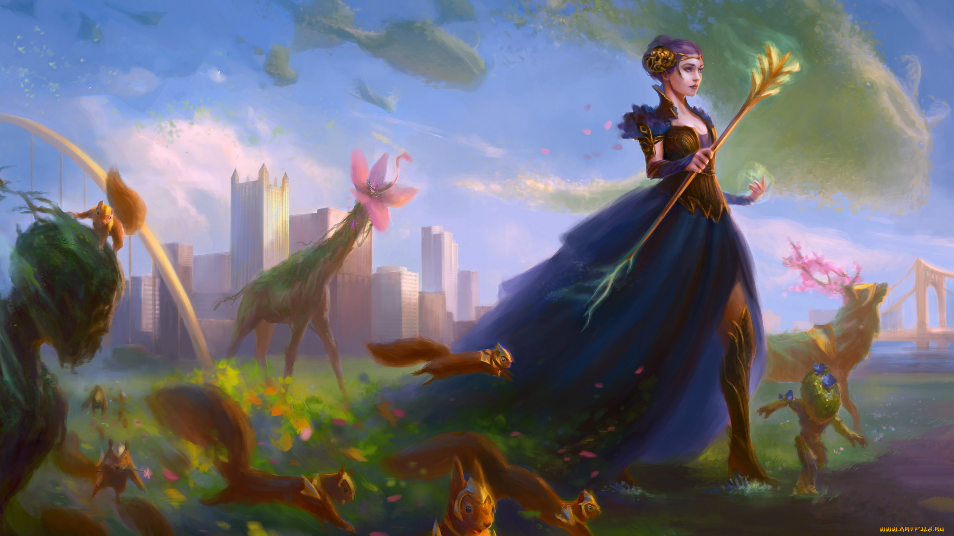 фэнтези, феи, девушка, фон, платье, животные