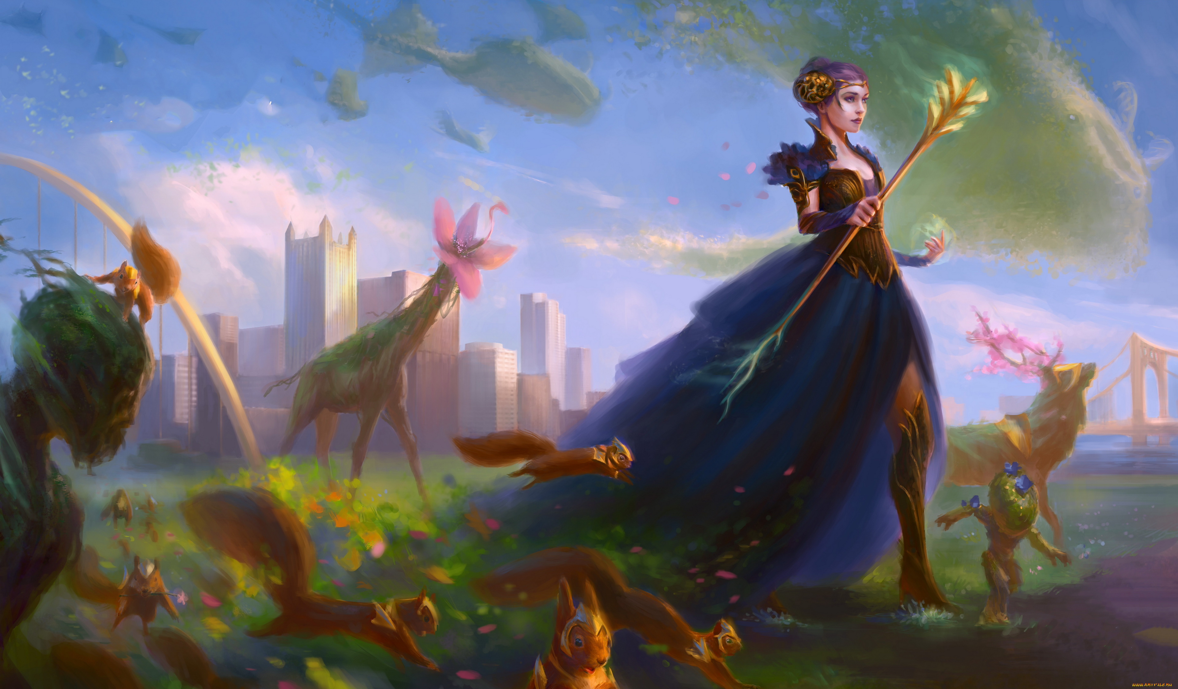 фэнтези, феи, девушка, фон, платье, животные
