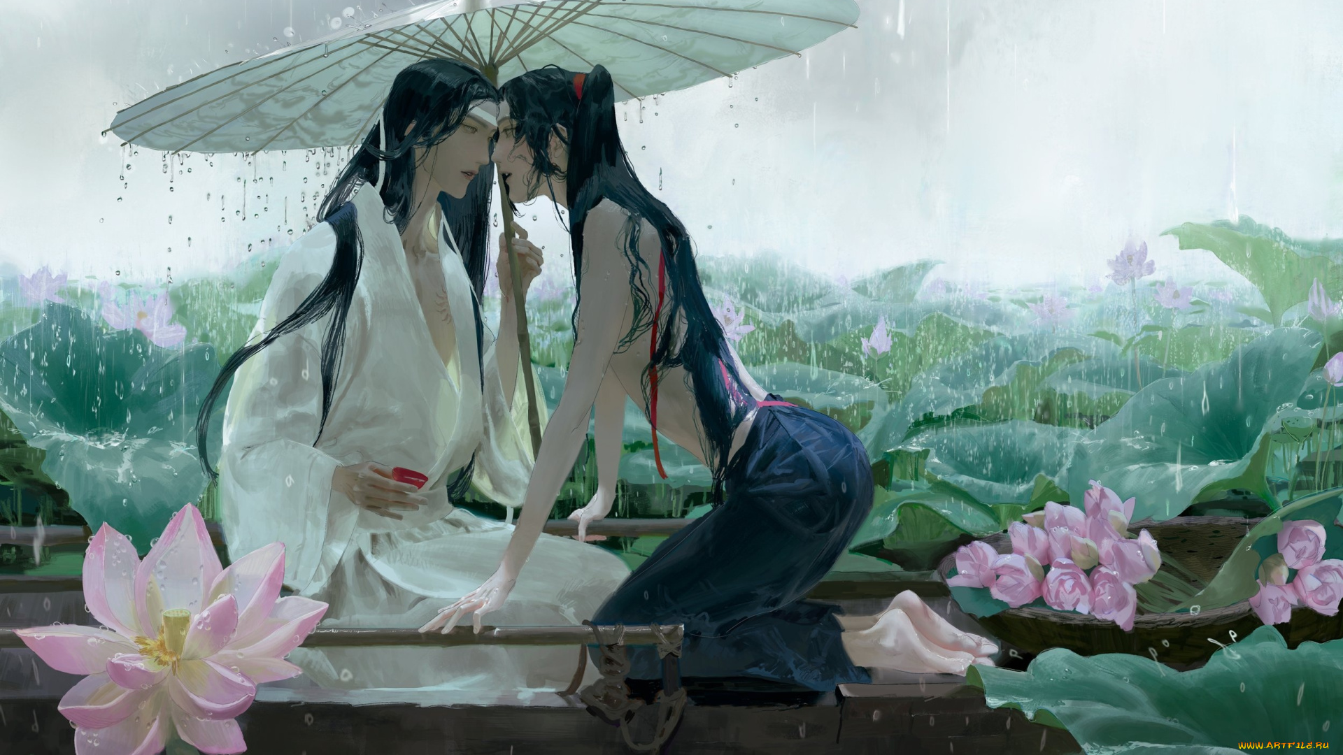 аниме, mo, dao, zu, shi, лань, ванцзи, вэй, усянь, зонт, дождь, лодка, лотосы, озеро