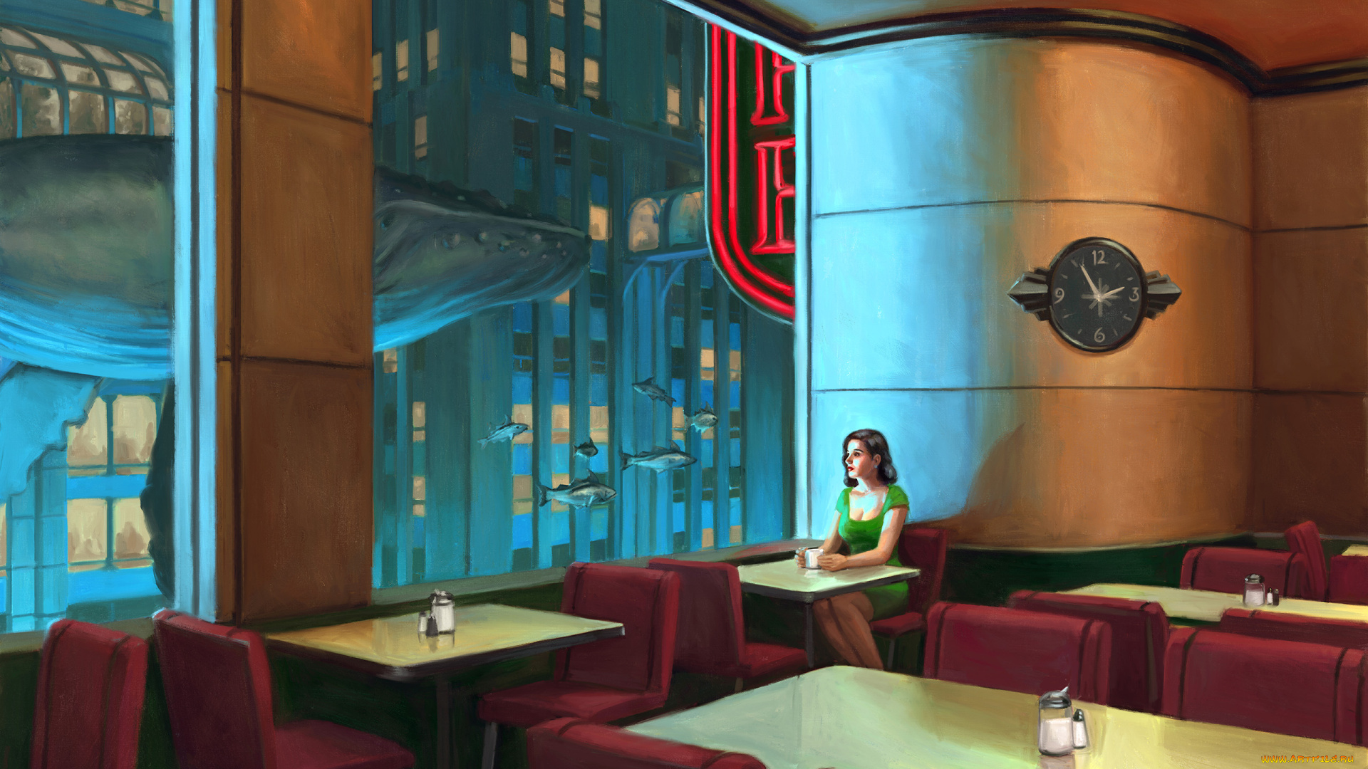 фэнтези, девушки, девушка, фон, кафе, столик, окно