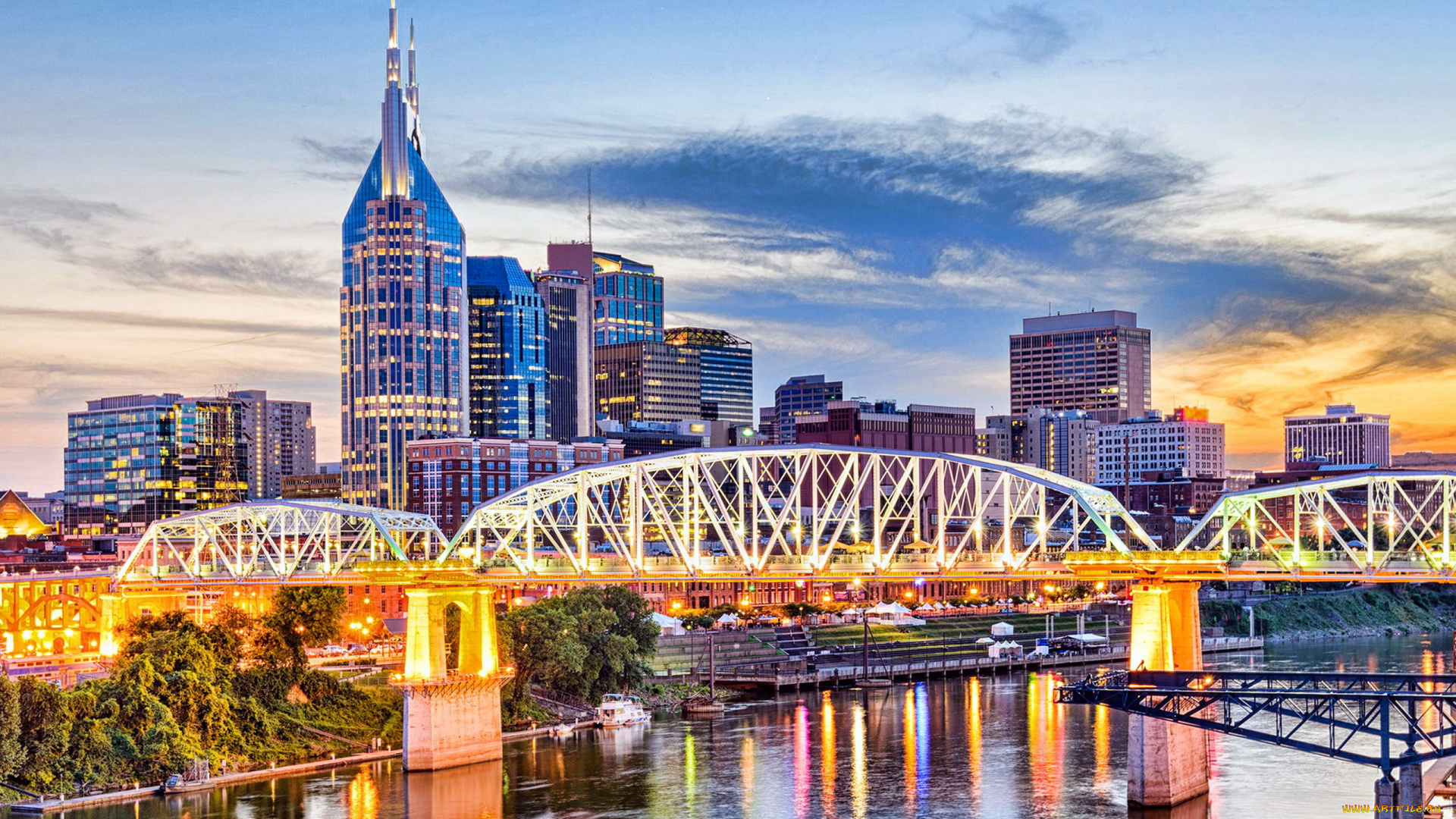 города, нэшвилл, , сша, небоскребы, река, мост, вечер, огни