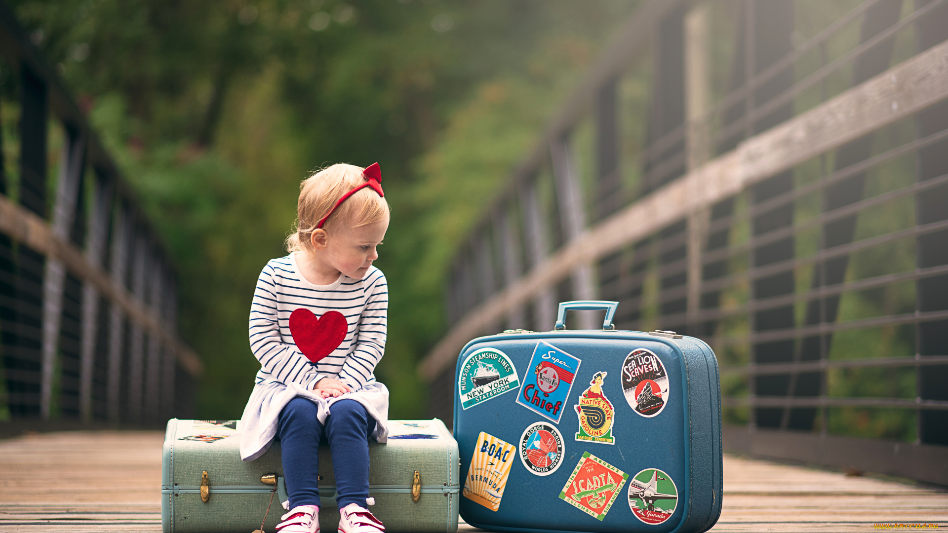 разное, дети, девочка, мост, чемоданы