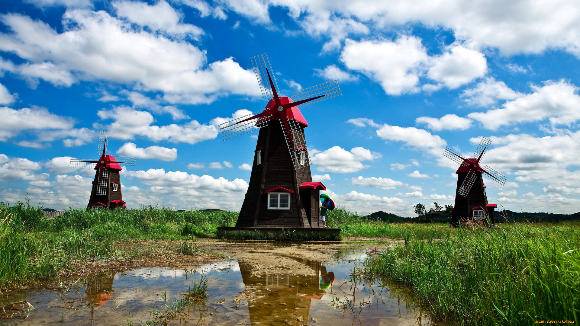 разное, мельницы, трава, вода, облака