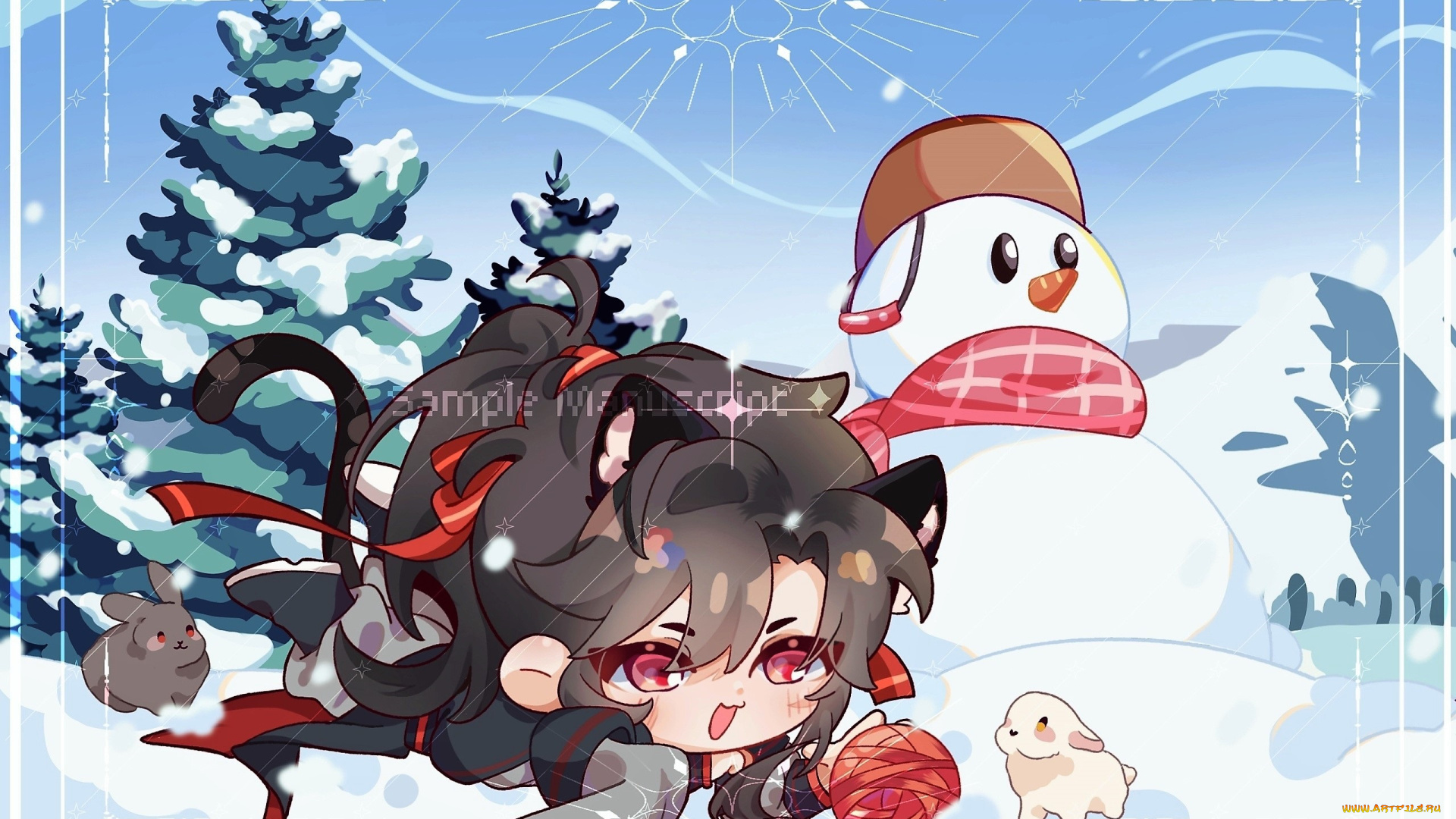 аниме, mo, dao, zu, shi, вэй, усянь, клубок, кролики, снеговик, снег