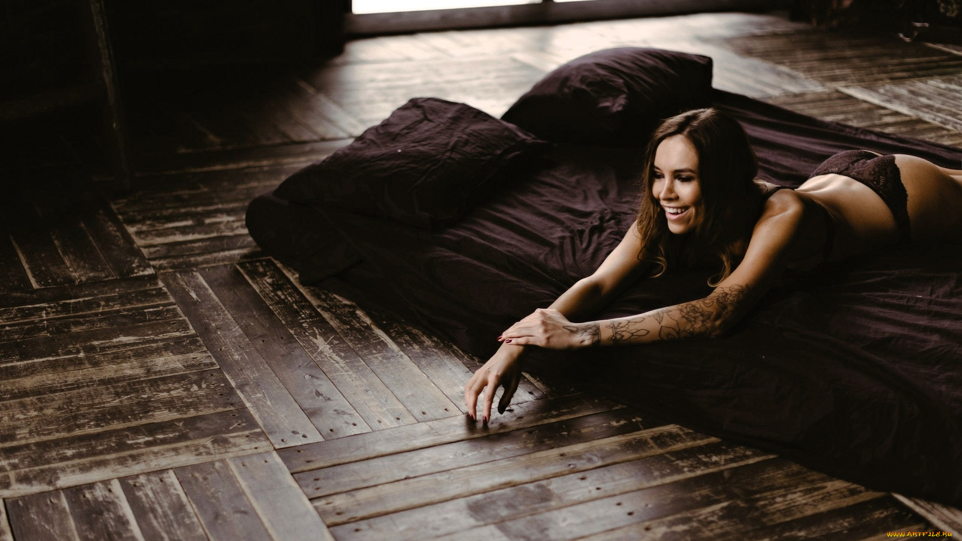 девушки, -, брюнетки, , шатенки, шатенка, тату, белье, кровать, паркет