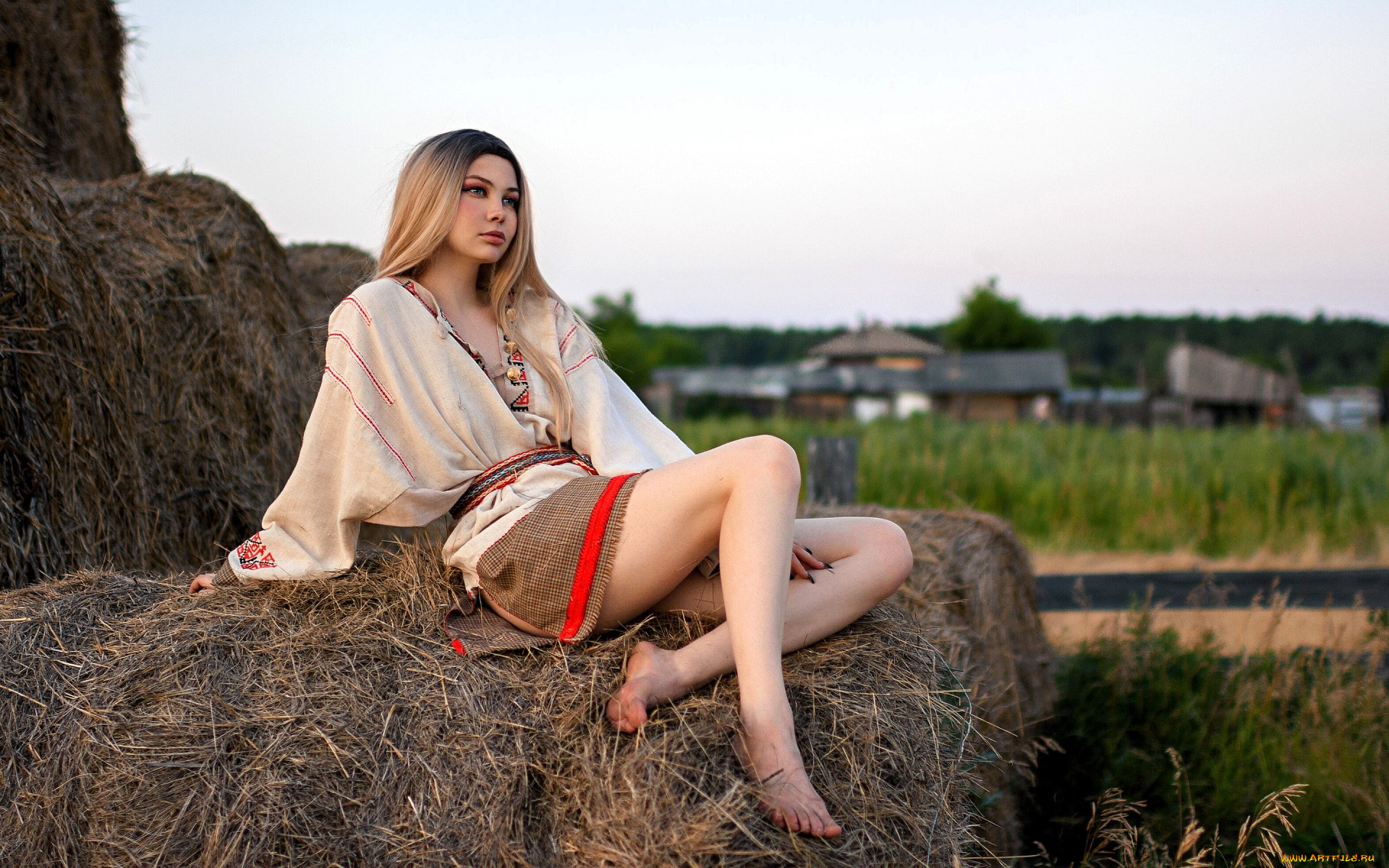 девушки, -, блондинки, , светловолосые, блондинка, блузка, юбка, сено, деревня