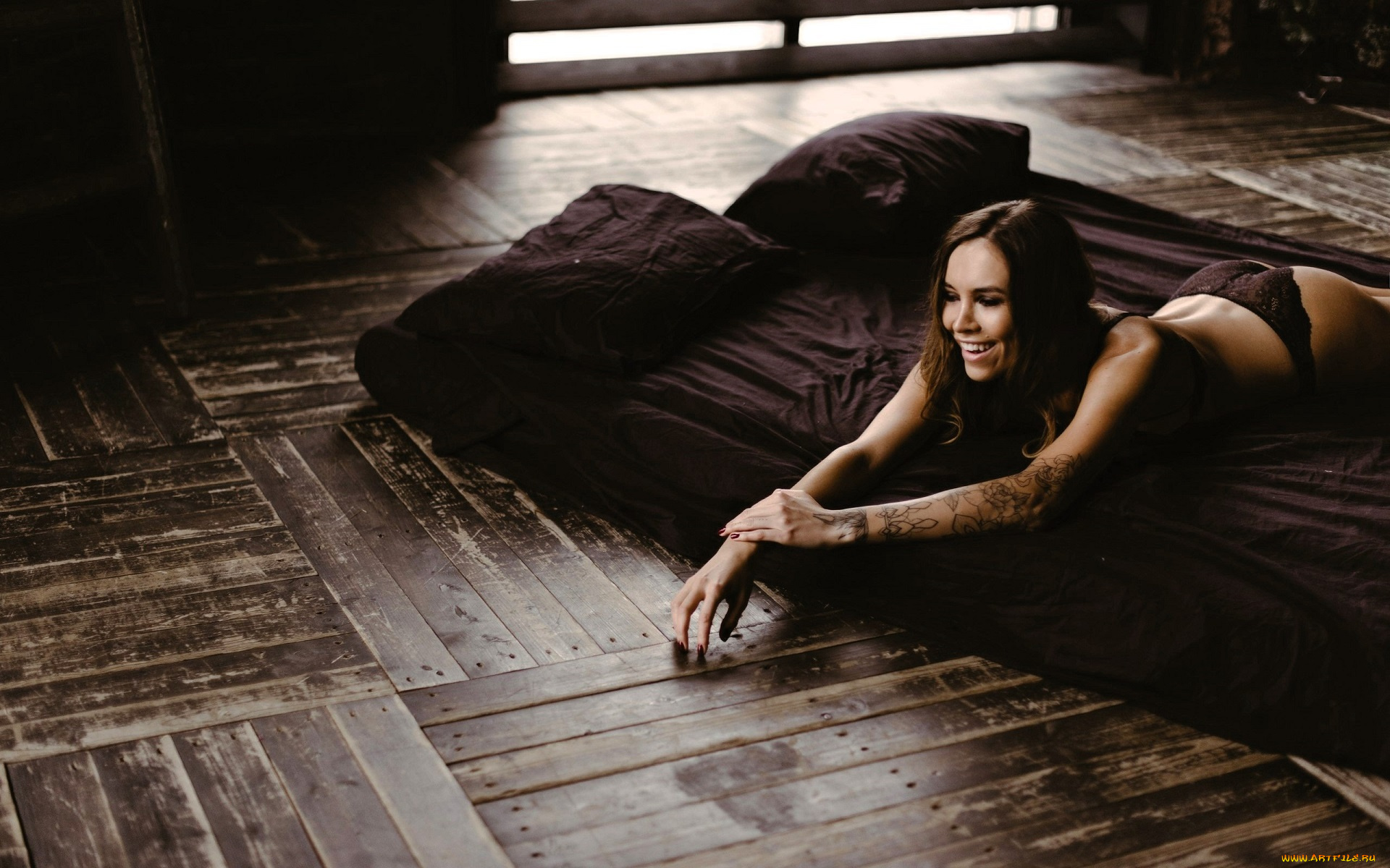 девушки, -, брюнетки, , шатенки, шатенка, тату, белье, кровать, паркет