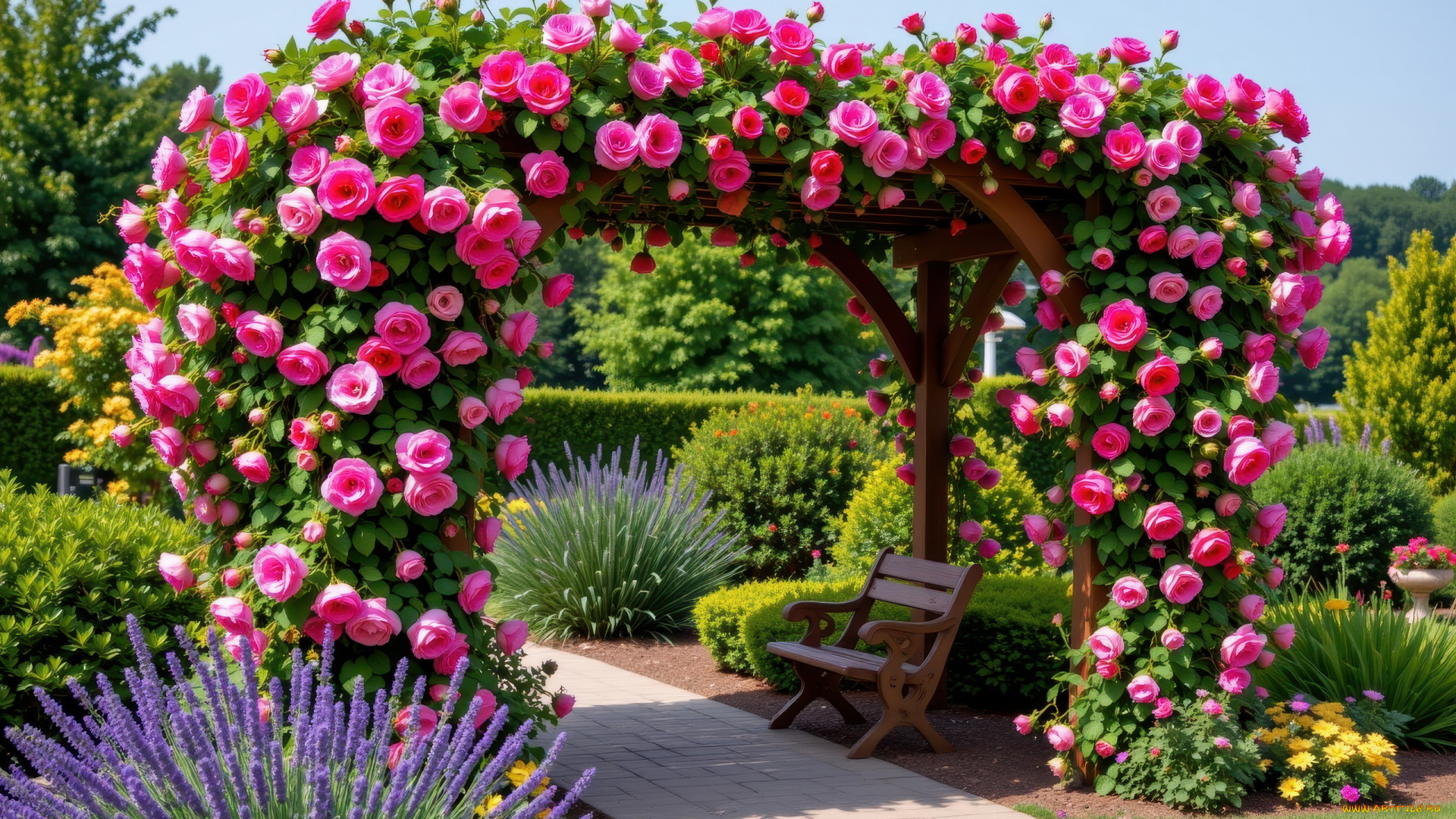 3д, графика, природа, , nature, парк, скамейка, арка, розы, клумбы
